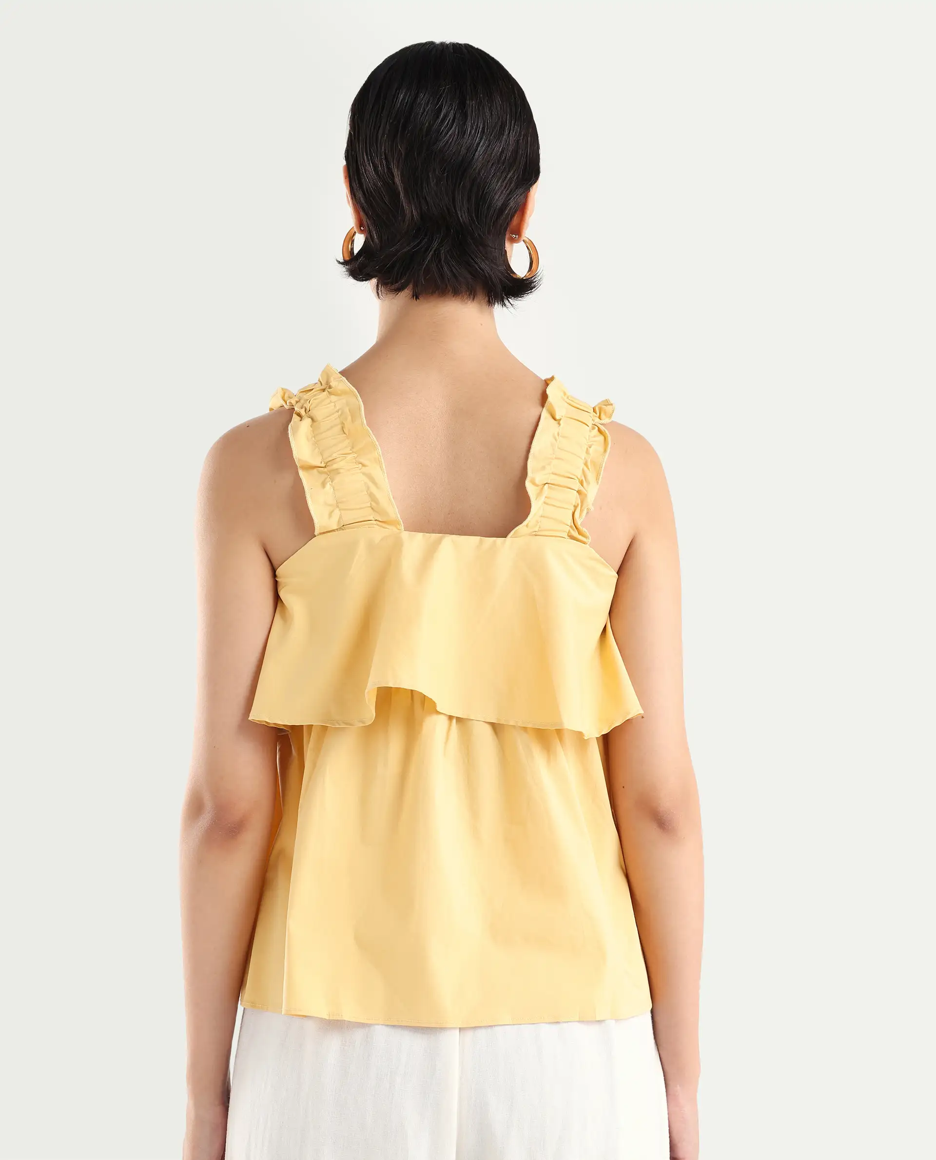 Rareism Women's Indika Yellow Cotton Blend Square Neck Plain Ruffled Sleeve Relaxed Fit Top - Image 7