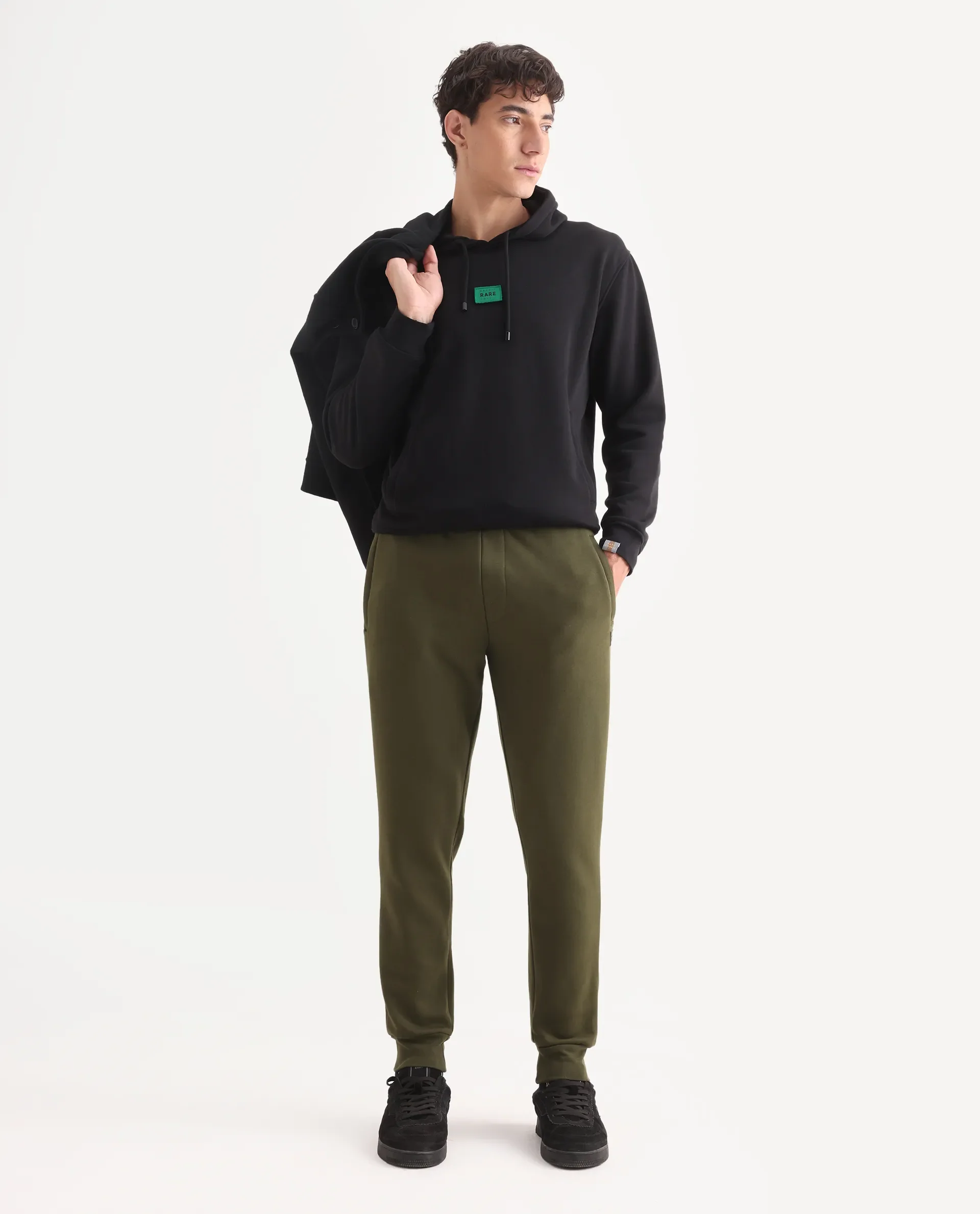 Rare Rabbit Men's Indo Black Cotton Plain Regular Fit Full Sleeve Hooded Sweatshirt - Image 2