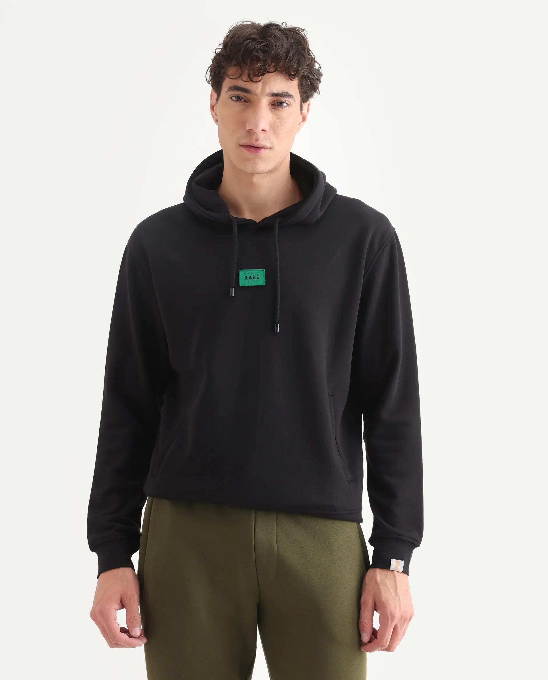 Rare Rabbit Men's Indo Black Cotton Plain Regular Fit Full Sleeve Hooded Sweatshirt - Image 3