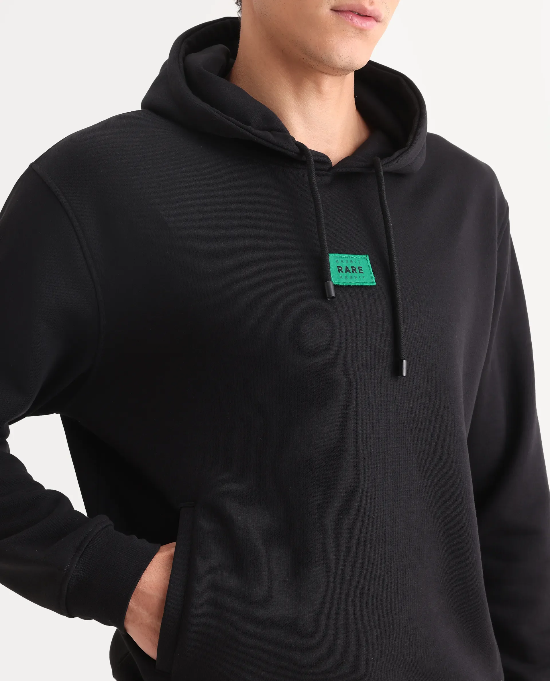 Rare Rabbit Men's Indo Black Cotton Plain Regular Fit Full Sleeve Hooded Sweatshirt - Image 4