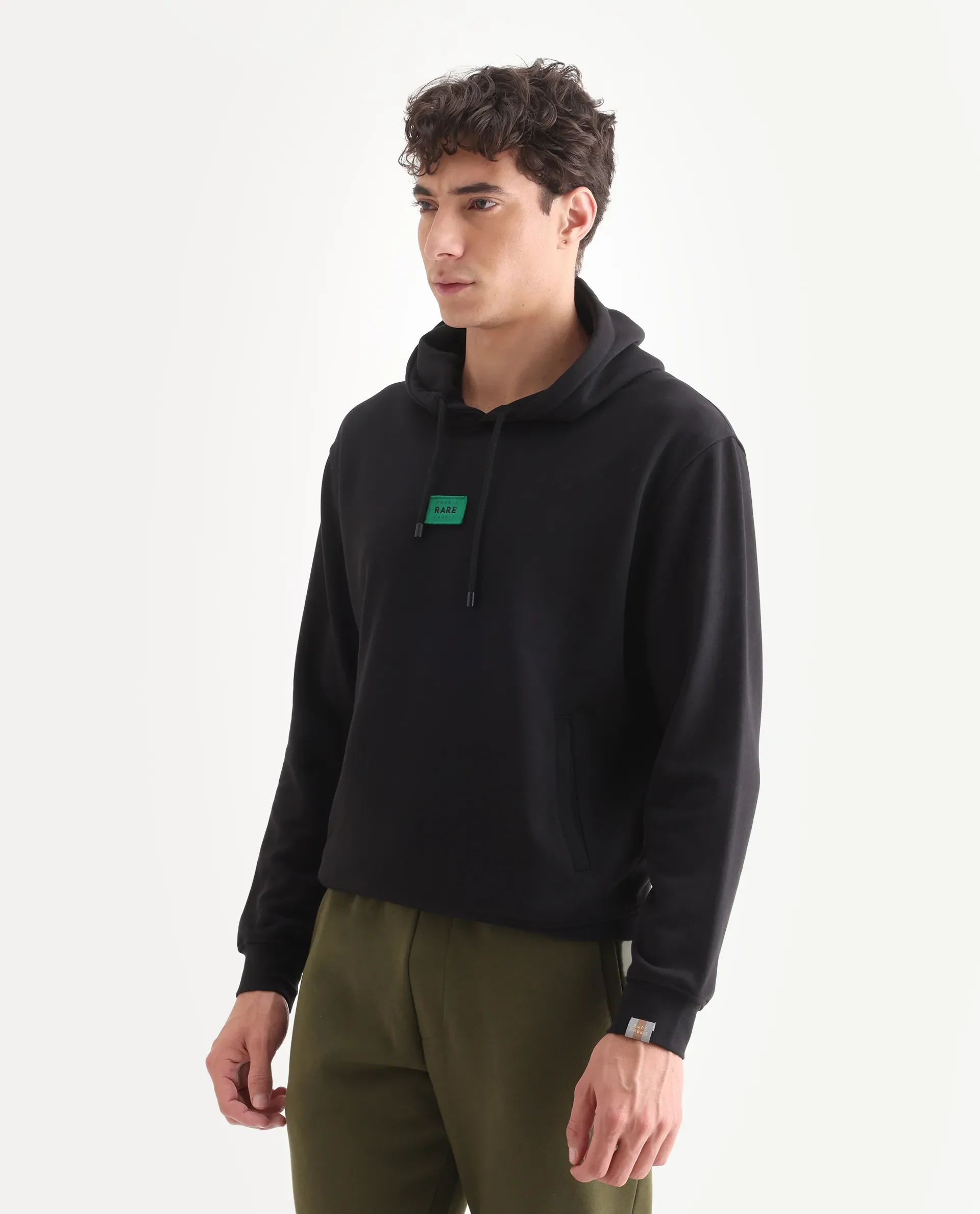 Rare Rabbit Men's Indo Black Cotton Plain Regular Fit Full Sleeve Hooded Sweatshirt - Image 5