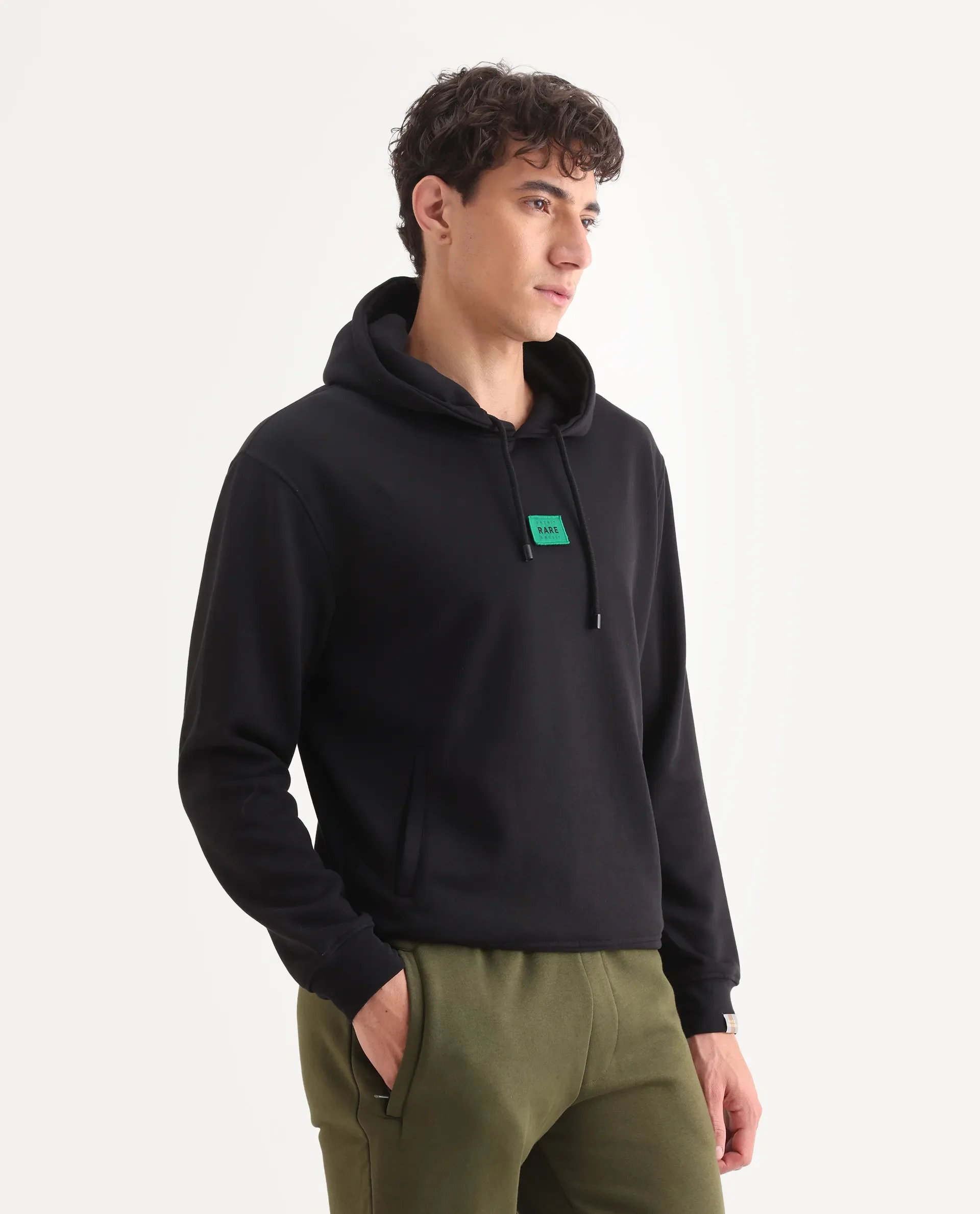 Rare Rabbit Men's Indo Black Cotton Plain Regular Fit Full Sleeve Hooded Sweatshirt - Image 6