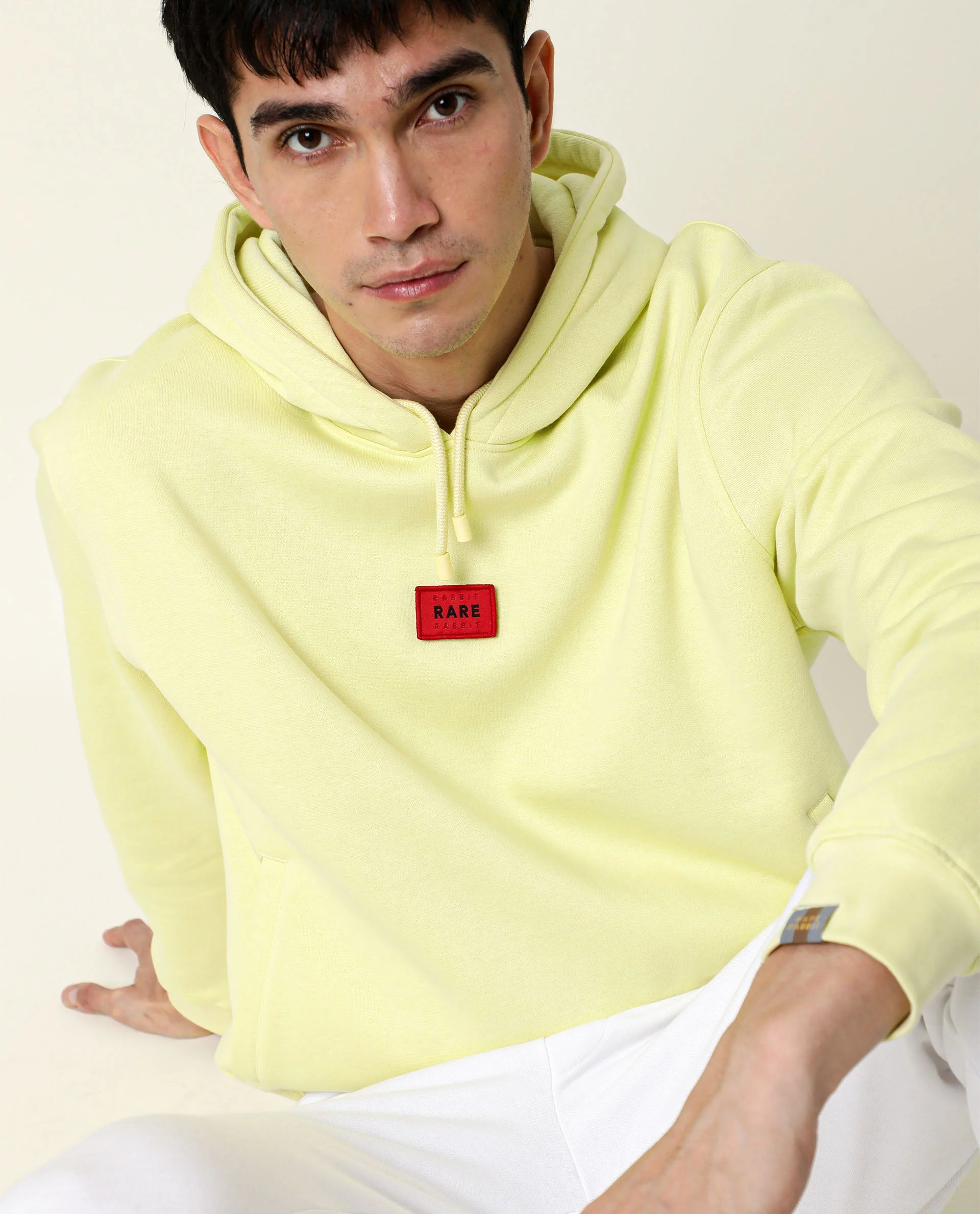 Rare Rabbit Men's Indo Yellow Cotton Plain Regular Fit Full Sleeve Hooded Sweatshirt - Image 3