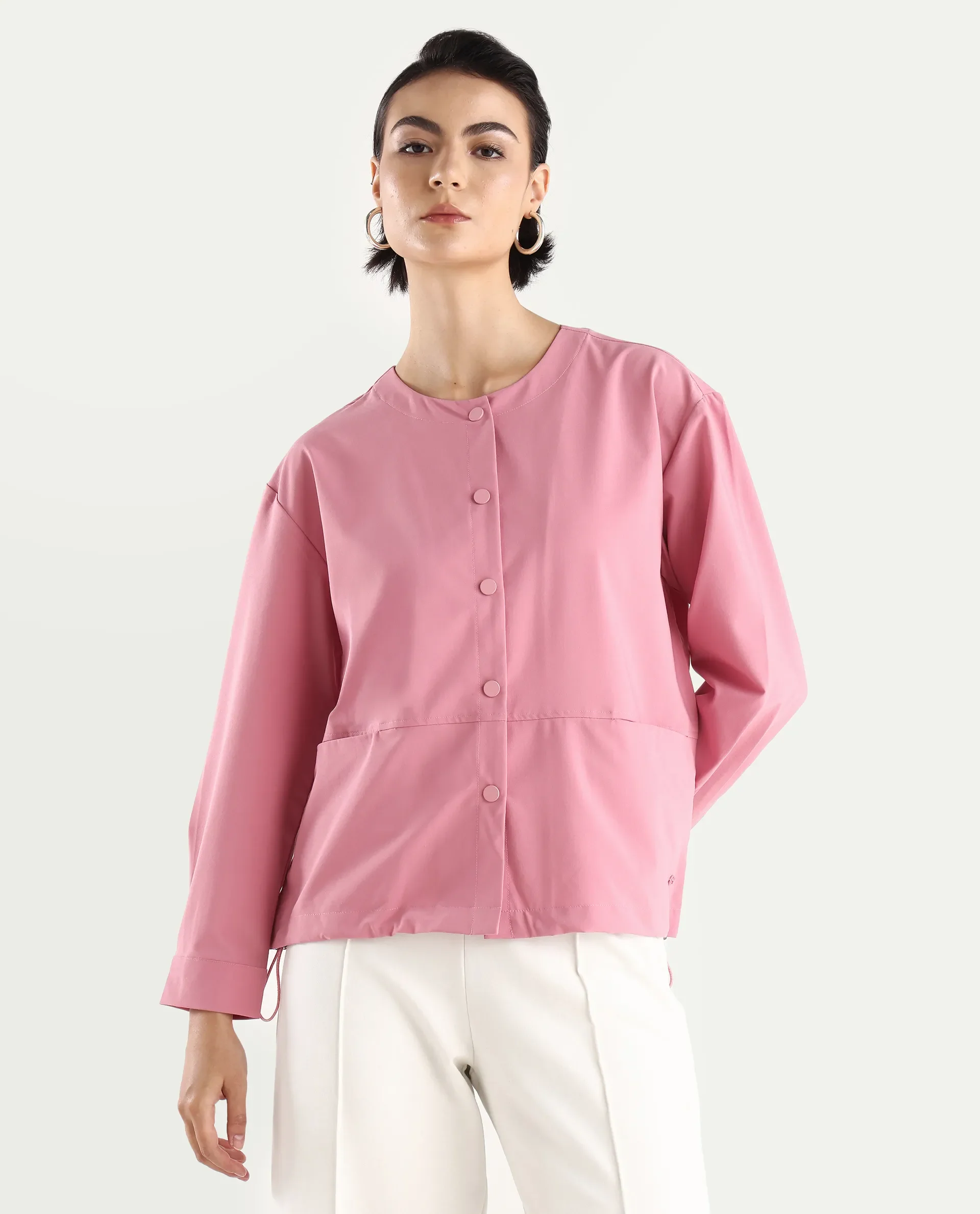 Rareism Women's Indow Dusky Pink Round Neck Plain Cuffed Sleeve Regular Fit Jacket - Image 3