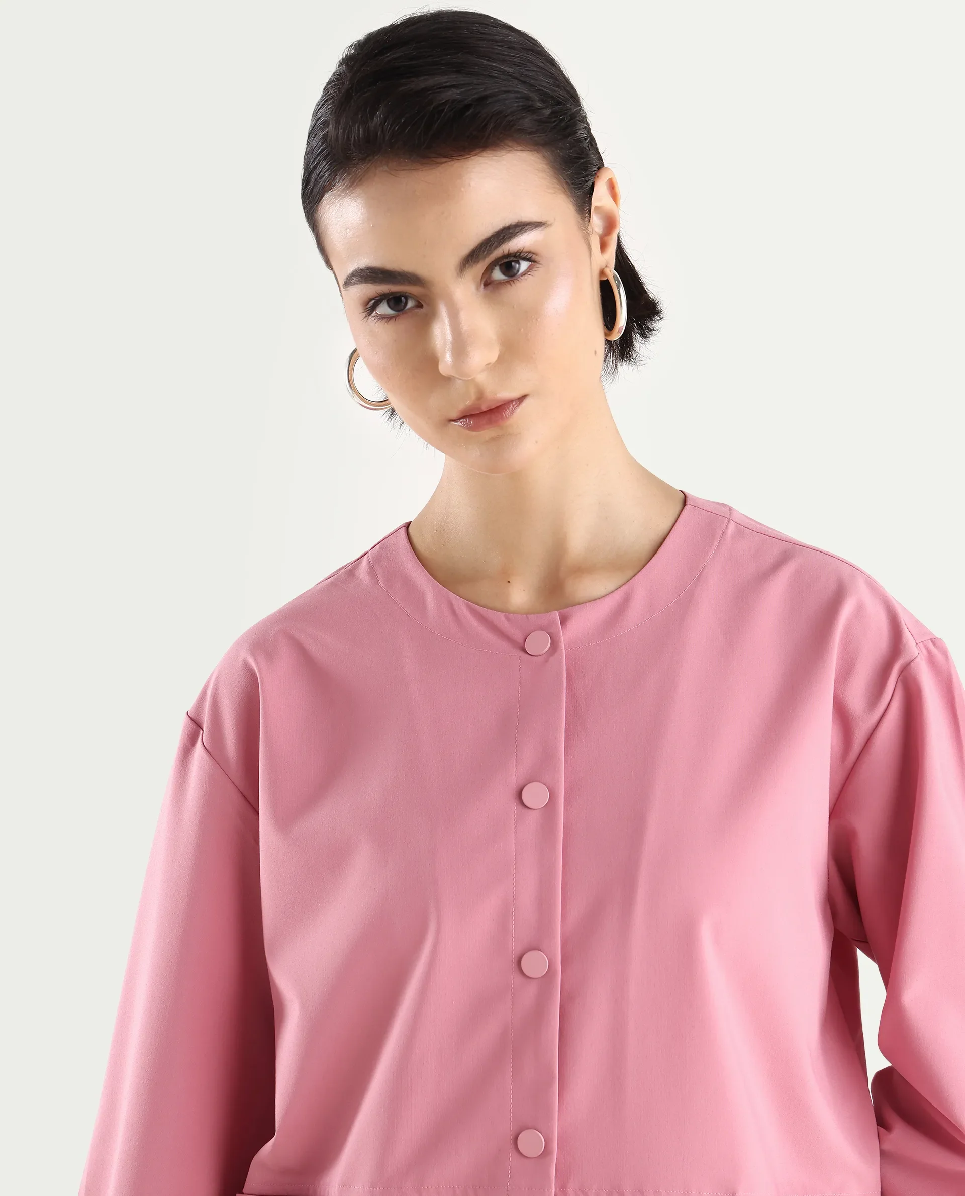 Rareism Women's Indow Dusky Pink Round Neck Plain Cuffed Sleeve Regular Fit Jacket - Image 4