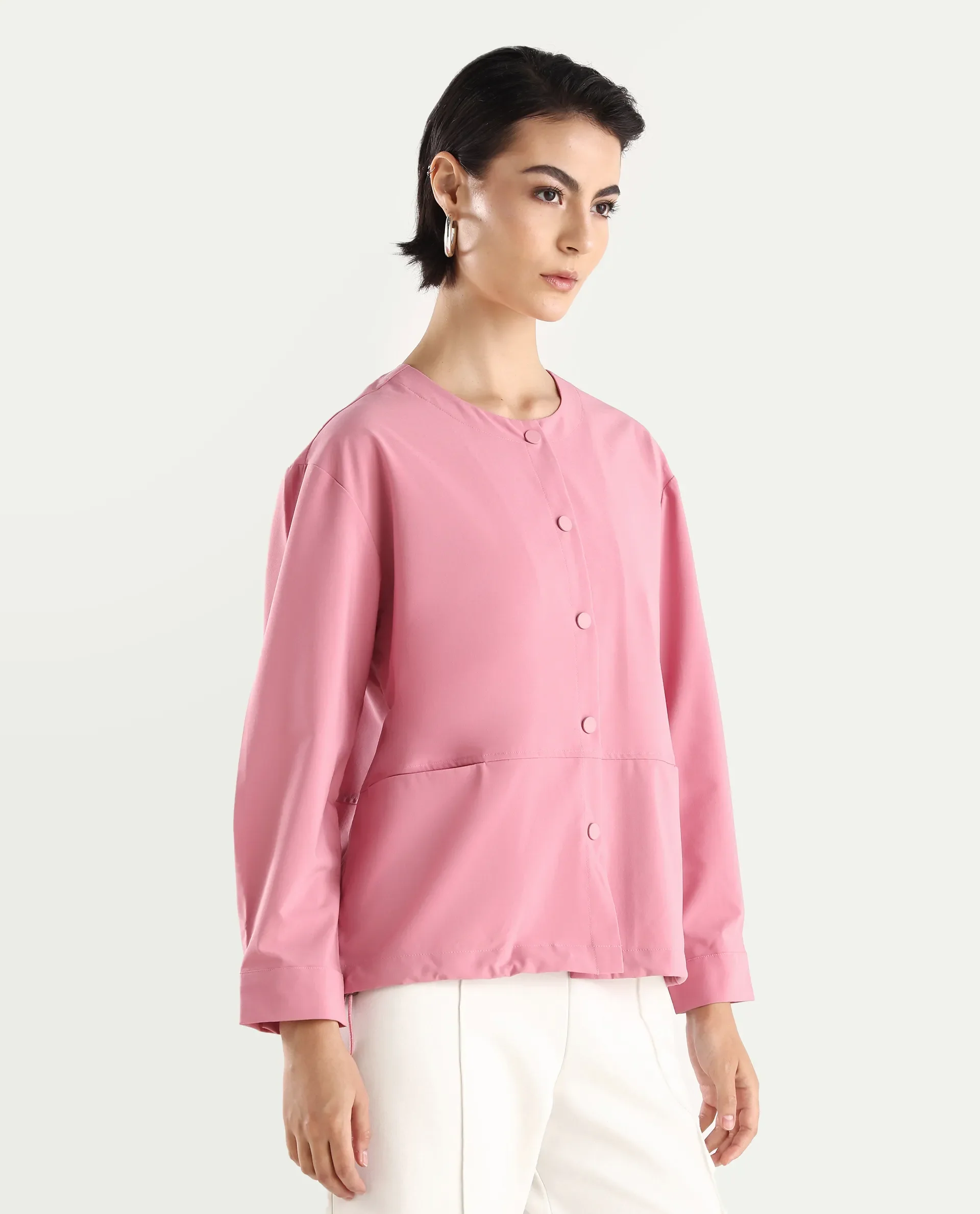 Rareism Women's Indow Dusky Pink Round Neck Plain Cuffed Sleeve Regular Fit Jacket - Image 7