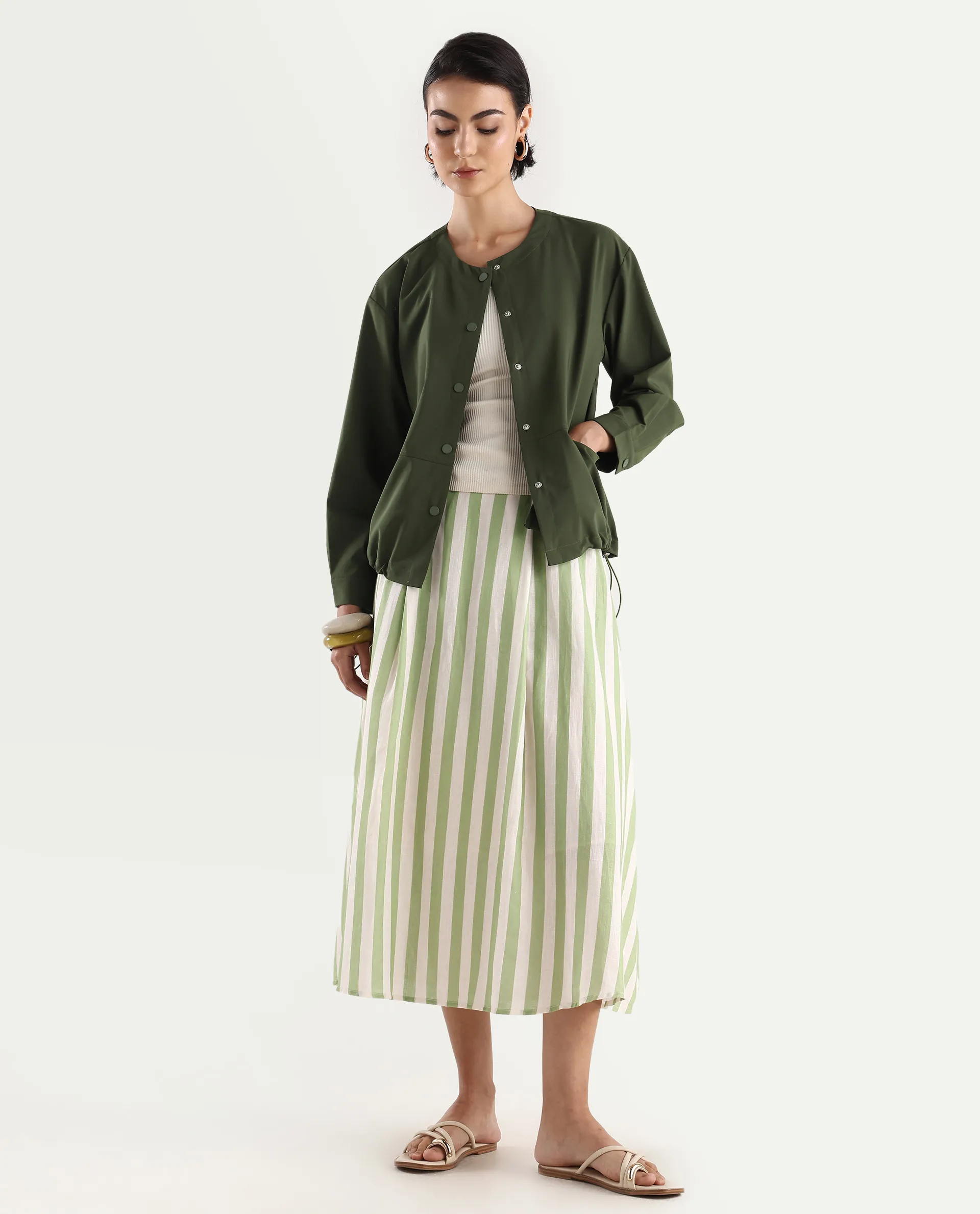 Rareism Women's Indow Olive Round Neck Plain Cuffed Sleeve Regular Fit Jacket - Image 2