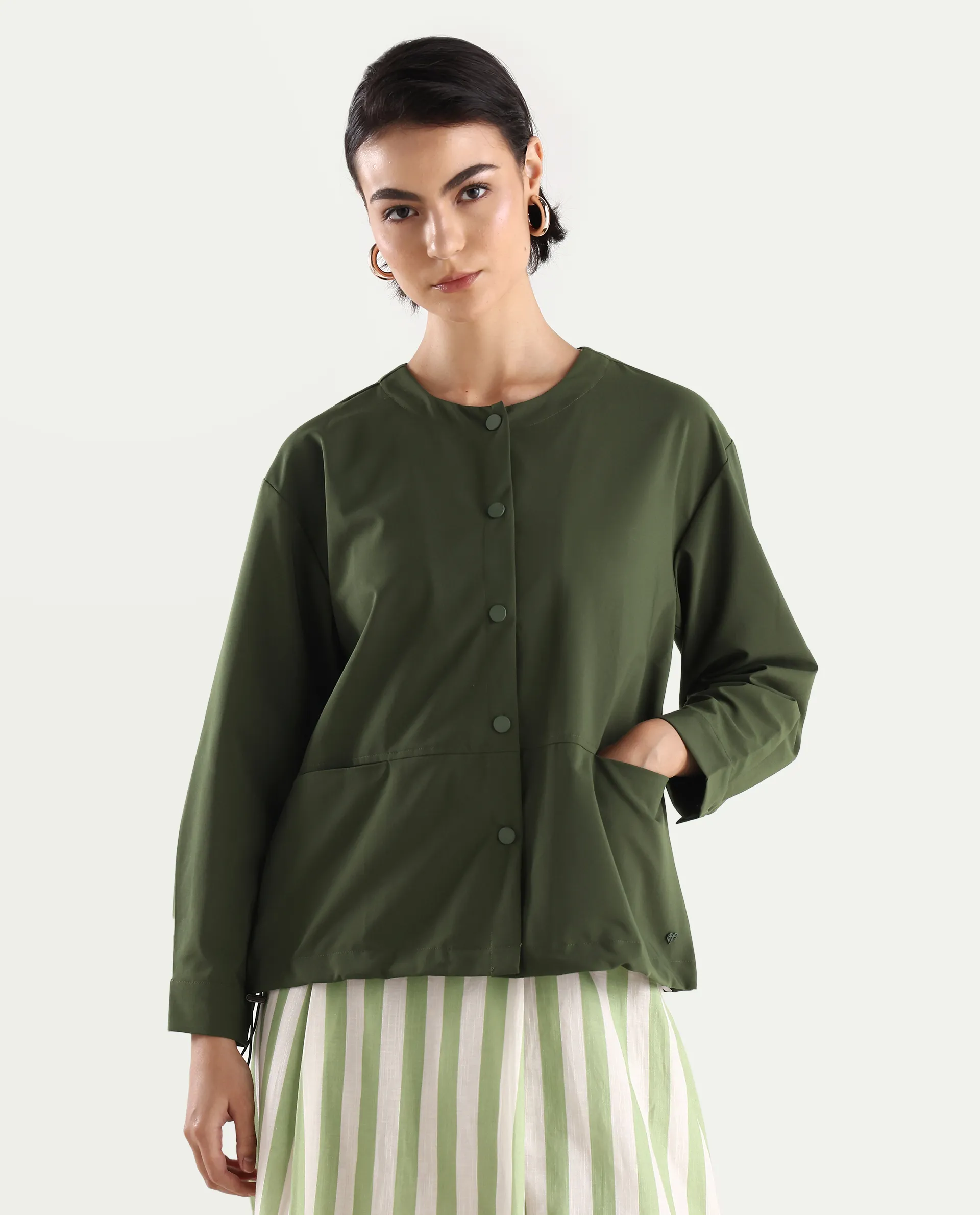 Rareism Women's Indow Olive Round Neck Plain Cuffed Sleeve Regular Fit Jacket - Image 3