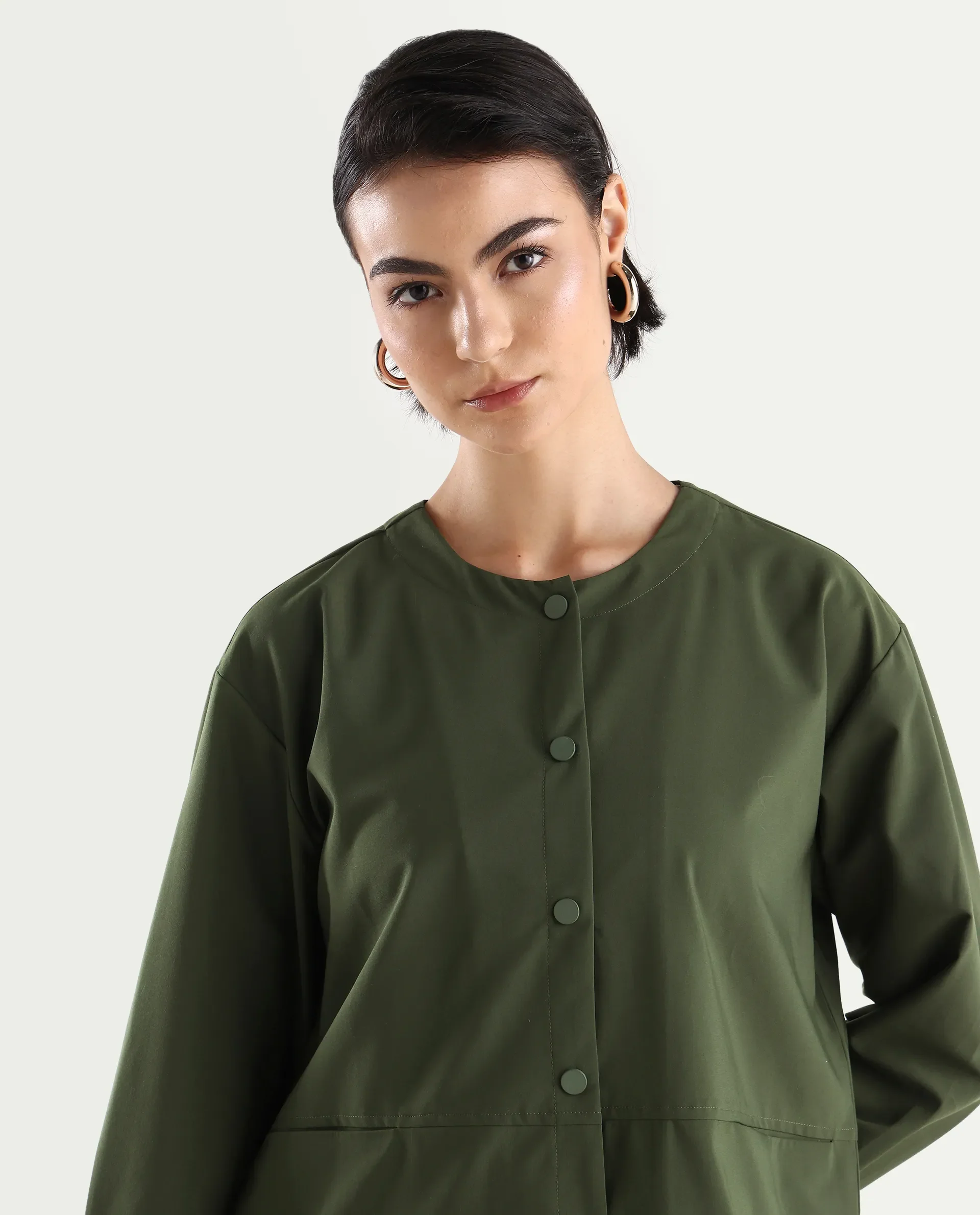 Rareism Women's Indow Olive Round Neck Plain Cuffed Sleeve Regular Fit Jacket - Image 4