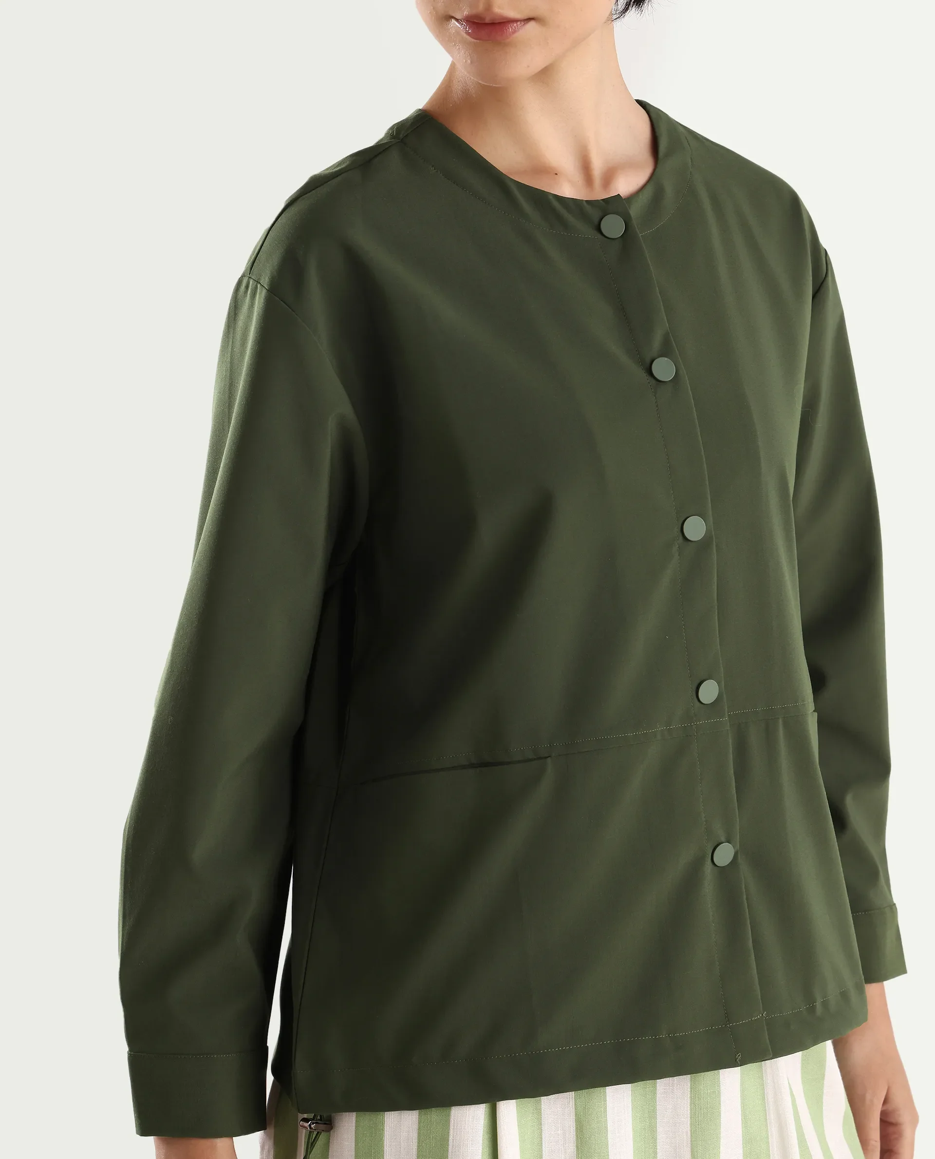 Rareism Women's Indow Olive Round Neck Plain Cuffed Sleeve Regular Fit Jacket - Image 5