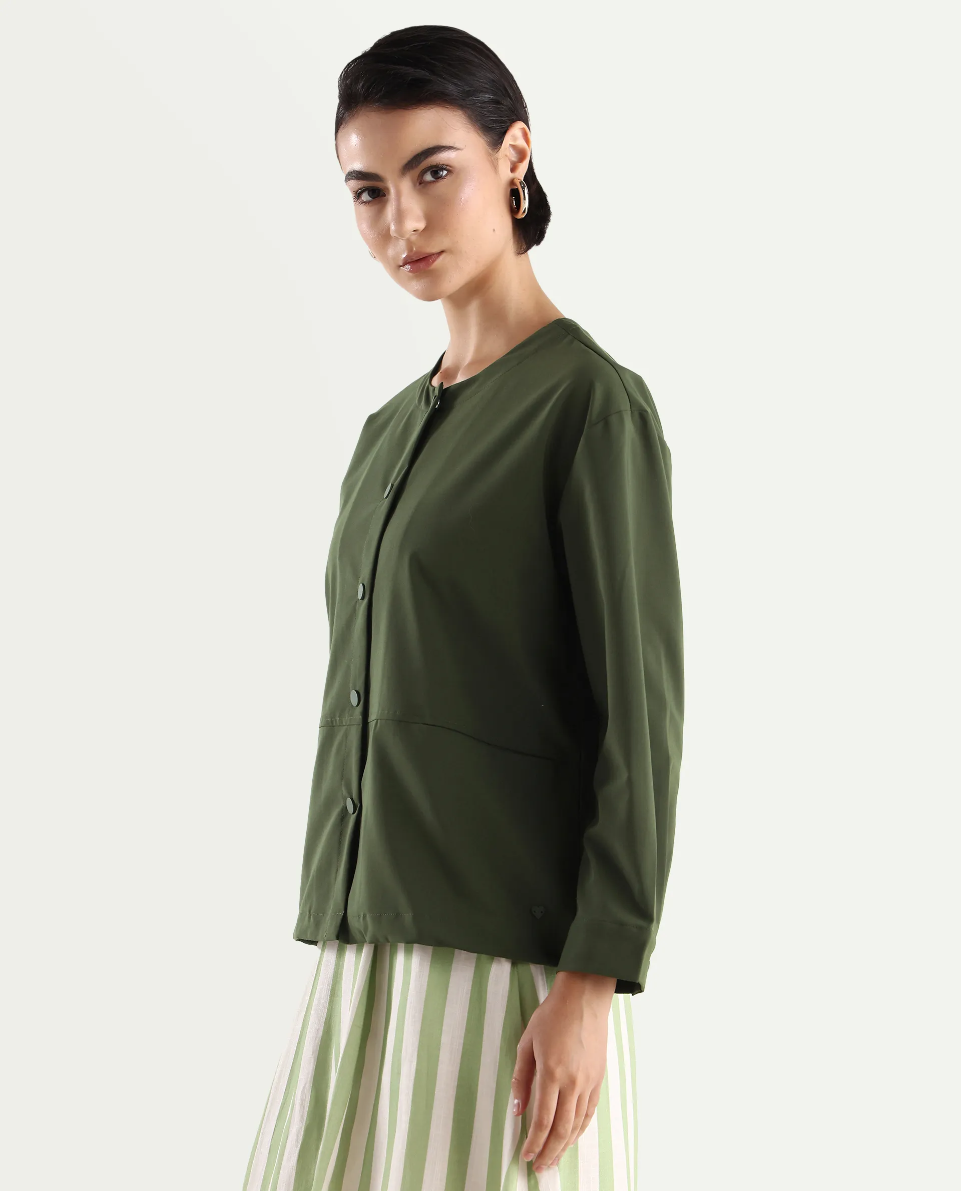 Rareism Women's Indow Olive Round Neck Plain Cuffed Sleeve Regular Fit Jacket - Image 6
