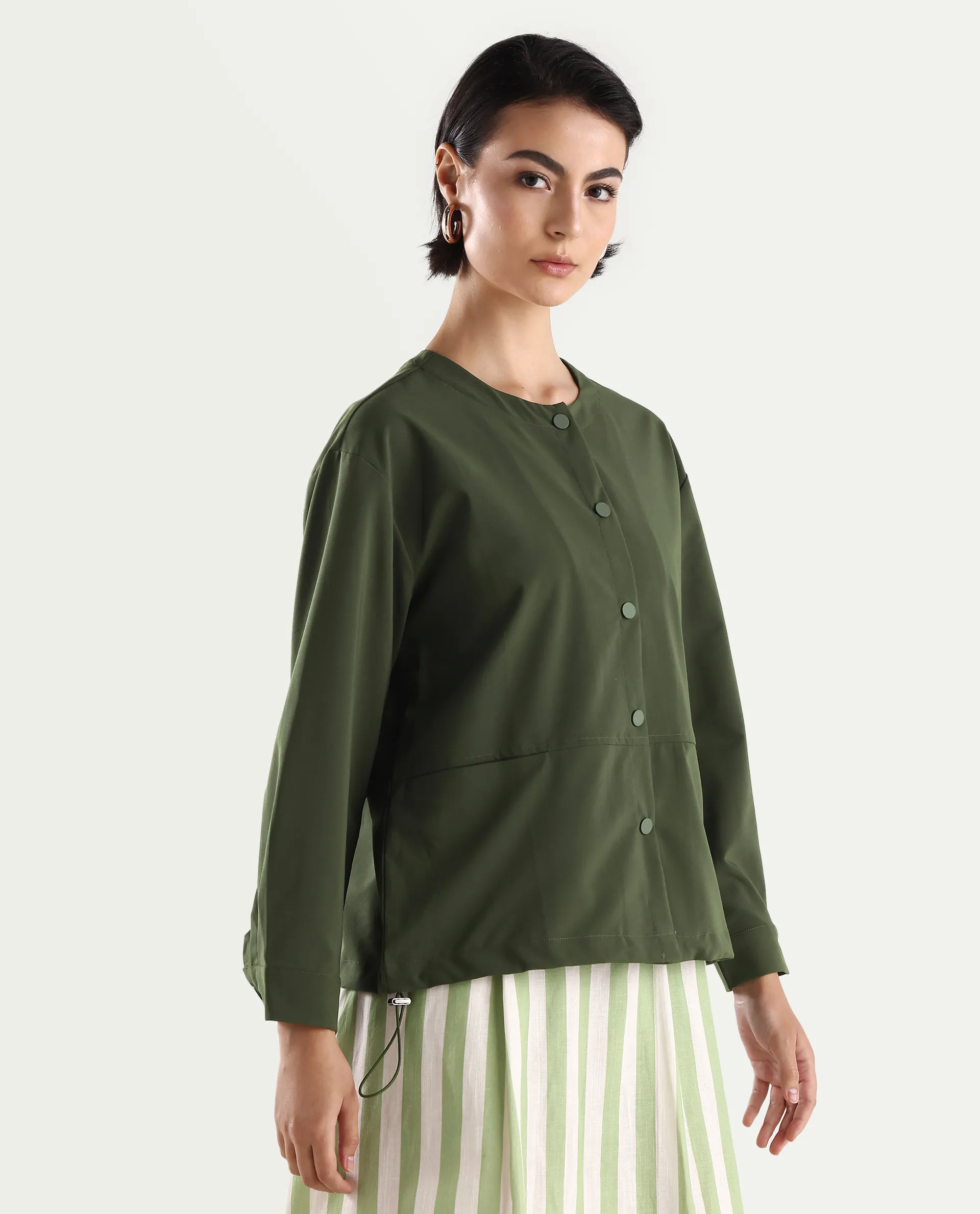 Rareism Women's Indow Olive Round Neck Plain Cuffed Sleeve Regular Fit Jacket - Image 7