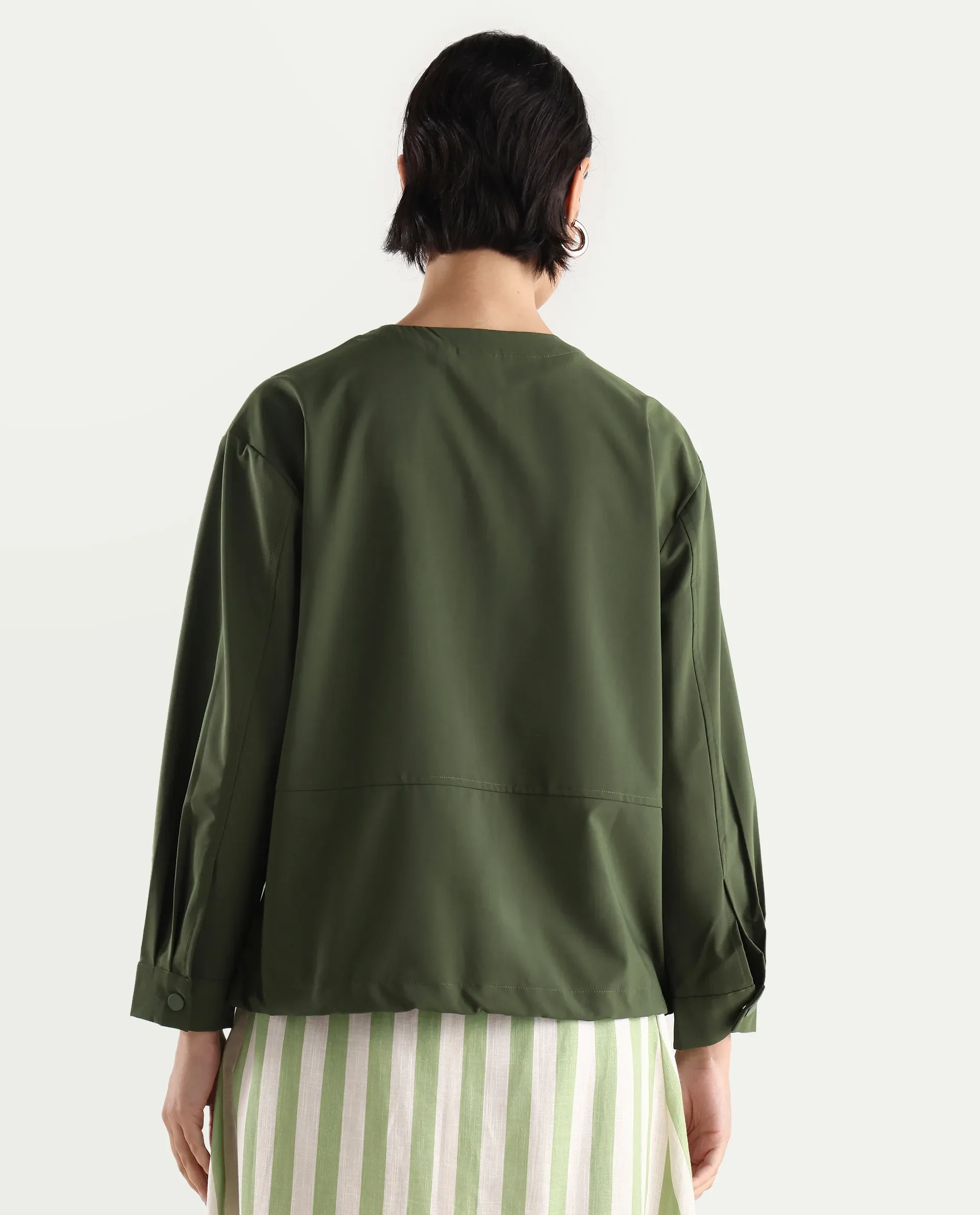 Rareism Women's Indow Olive Round Neck Plain Cuffed Sleeve Regular Fit Jacket - Image 8