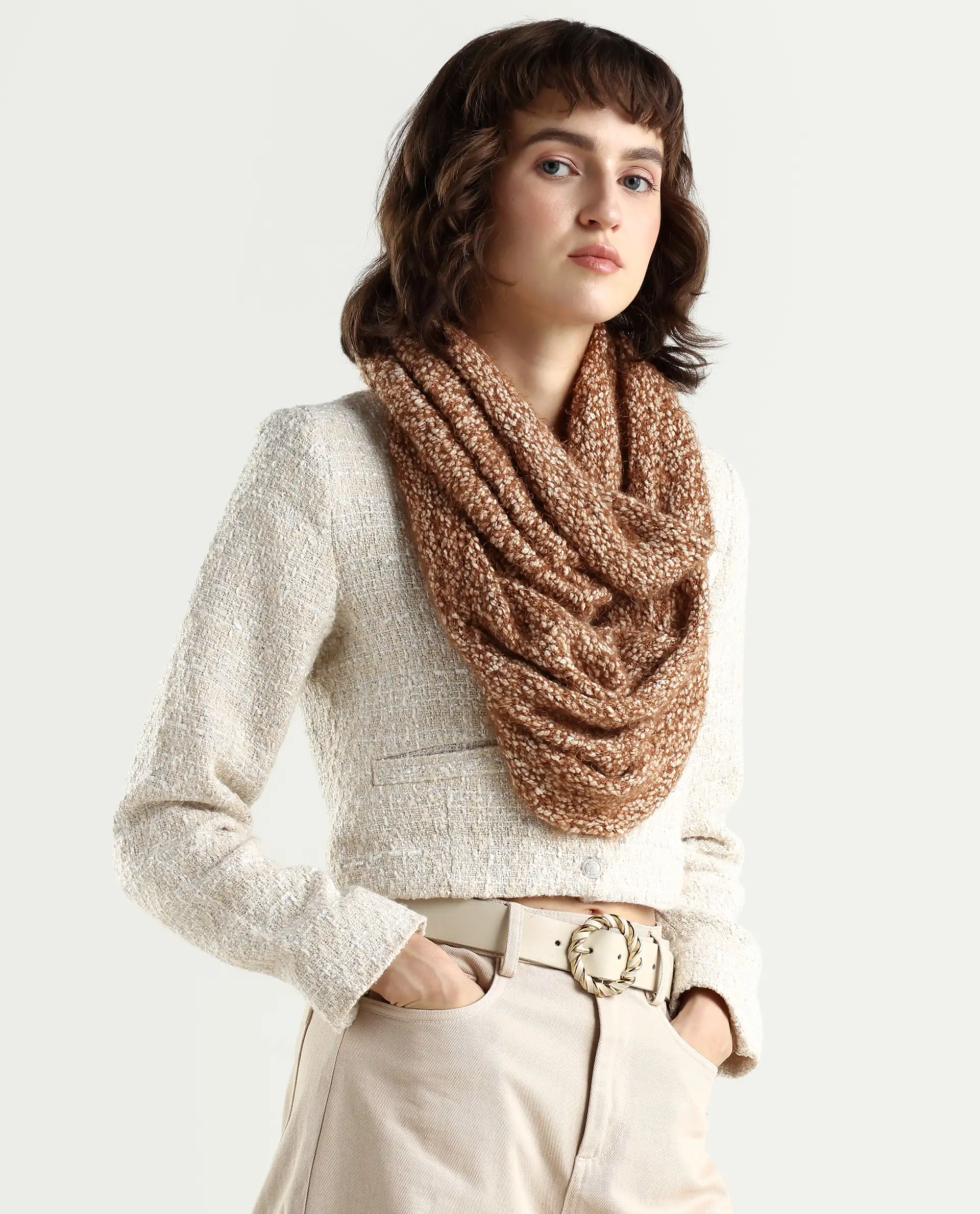 Rareism Women Infinn Brown Acrylic Plain Muffler - Image 2