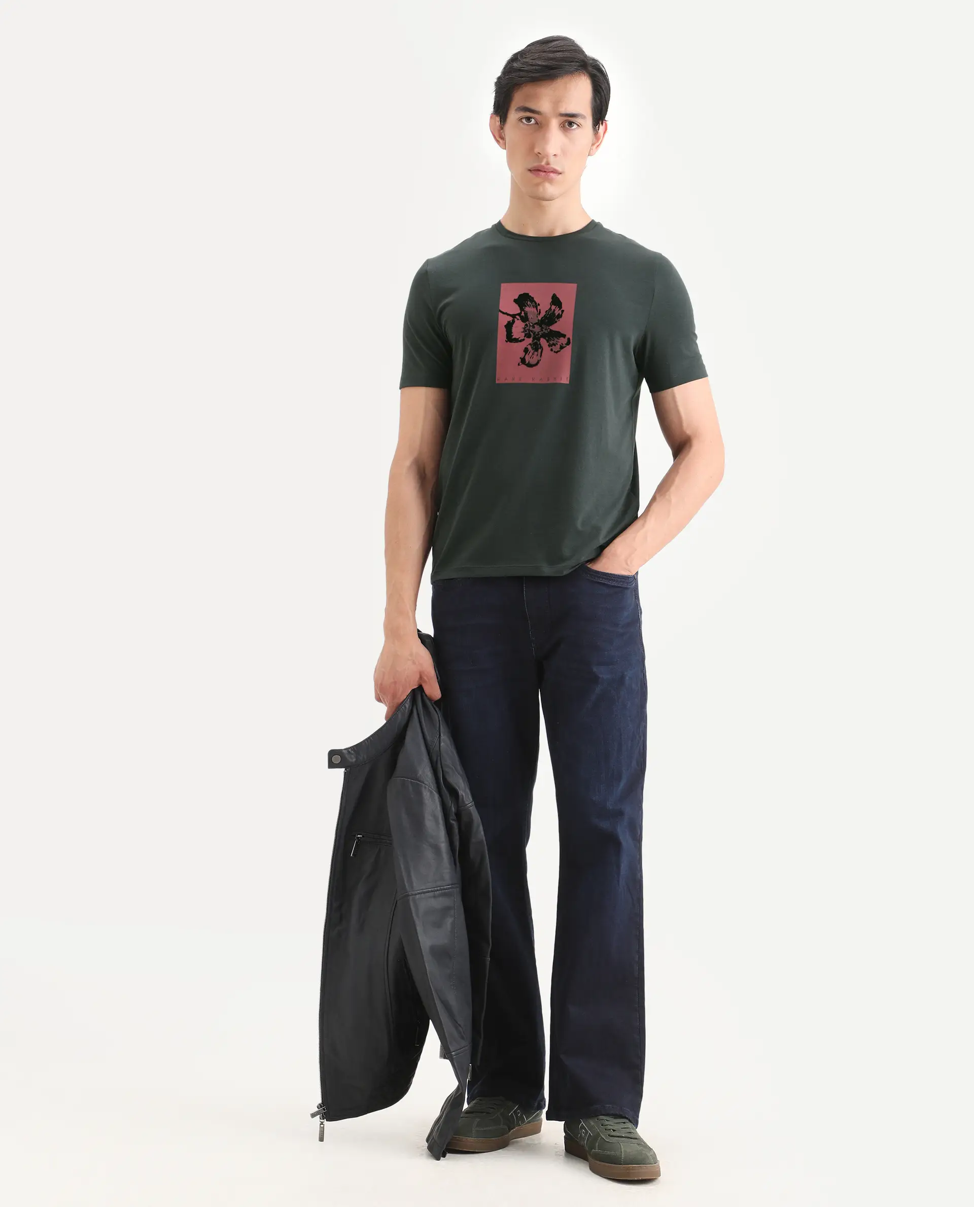 Rare Rabbit Men's Ingi Dark Grey Cotton Blend Fabric Half Sleeve Crew Neck Regular Fit Graphic Print T-Shirt - Image 2