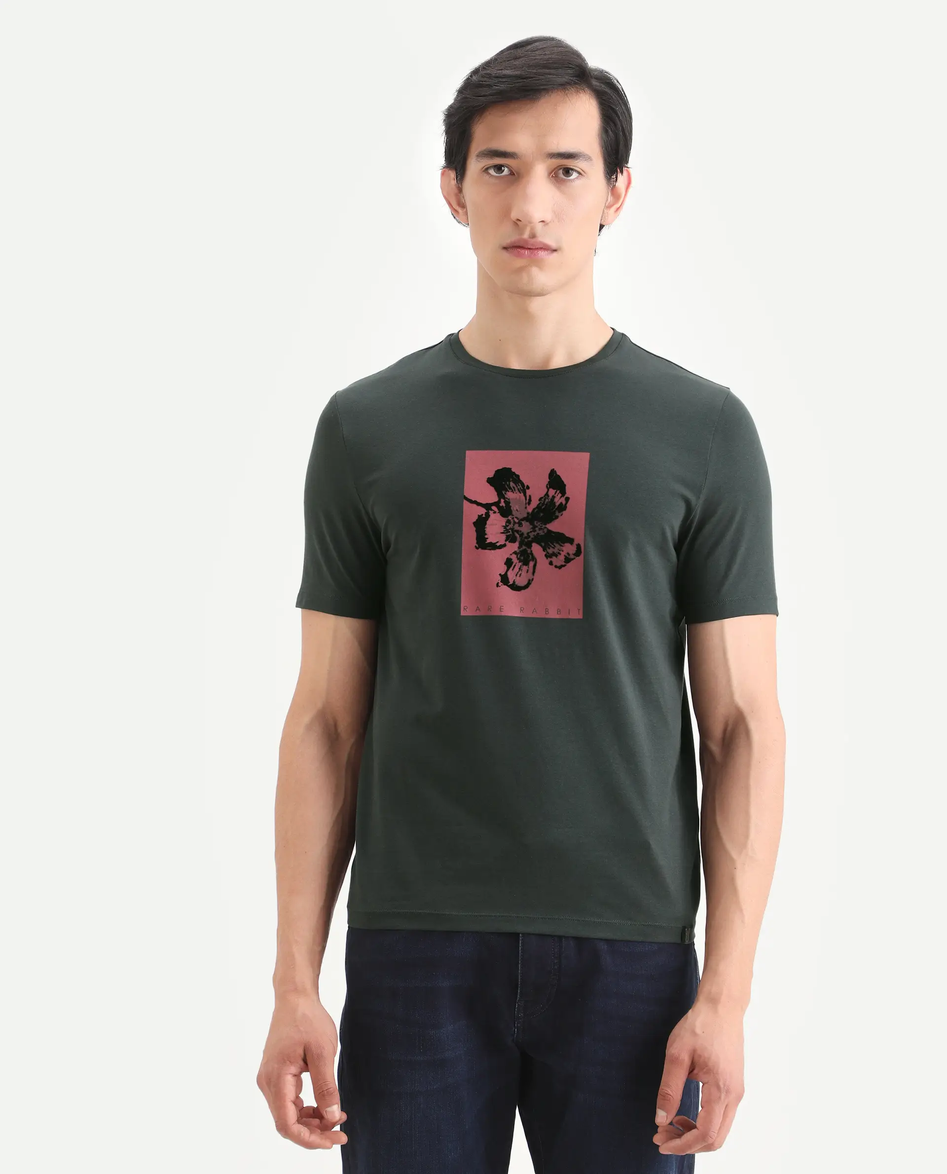 Rare Rabbit Men's Ingi Dark Grey Cotton Blend Fabric Half Sleeve Crew Neck Regular Fit Graphic Print T-Shirt - Image 4