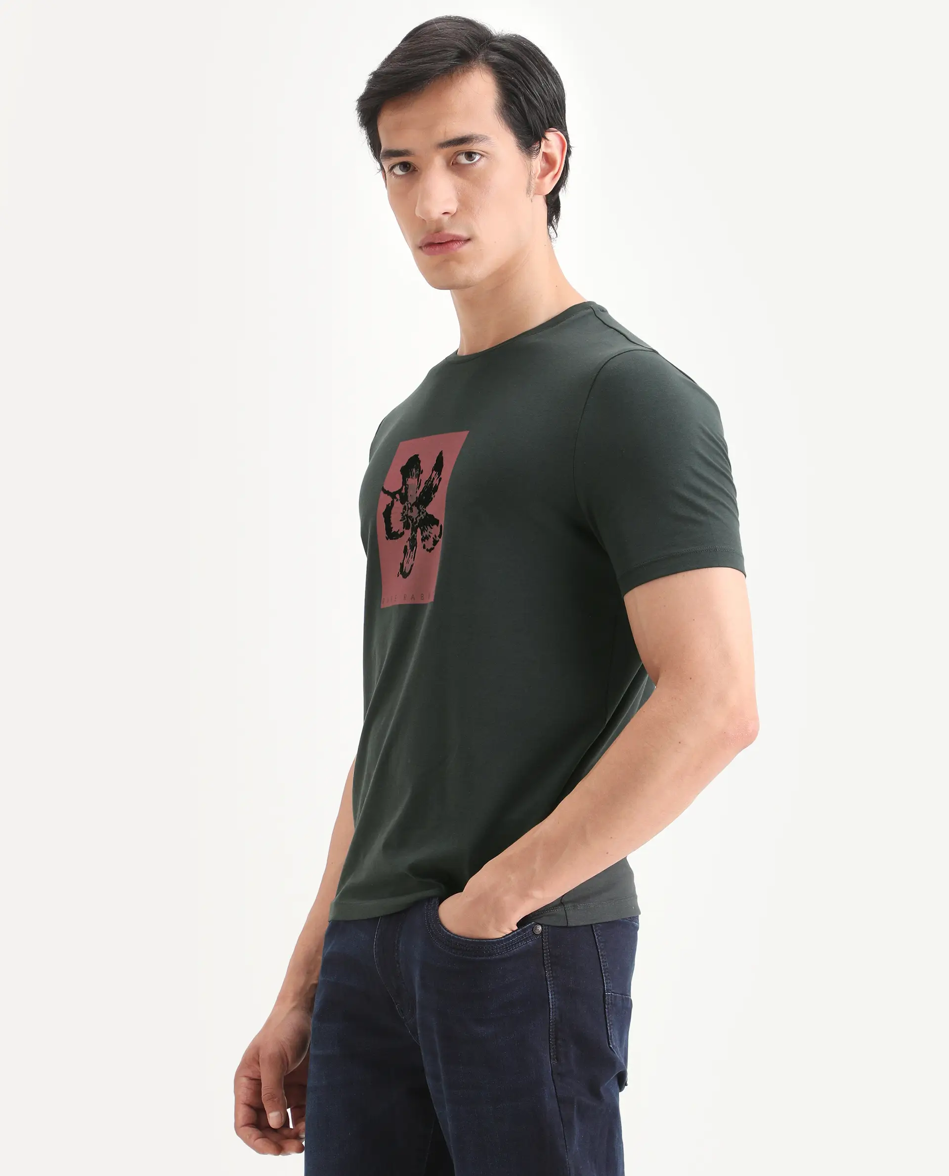 Rare Rabbit Men's Ingi Dark Grey Cotton Blend Fabric Half Sleeve Crew Neck Regular Fit Graphic Print T-Shirt - Image 5
