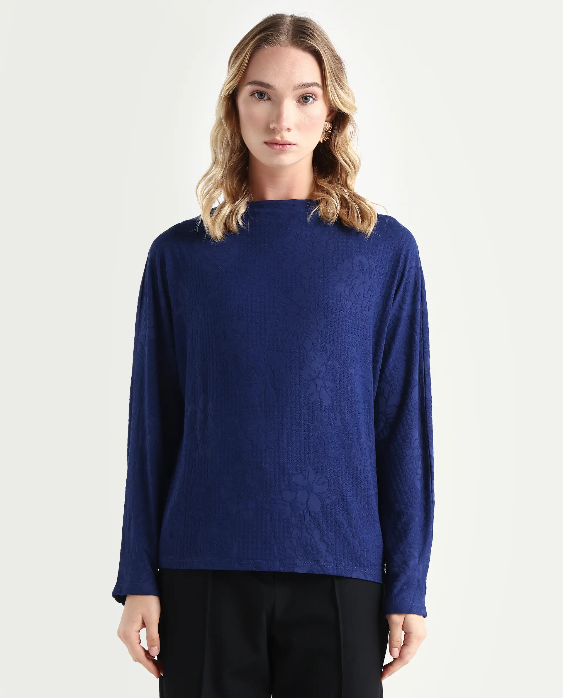 Rareism Women's Ingoz Navy Polyester Boat Neck Plain Relaxed Fit Top - Image 4