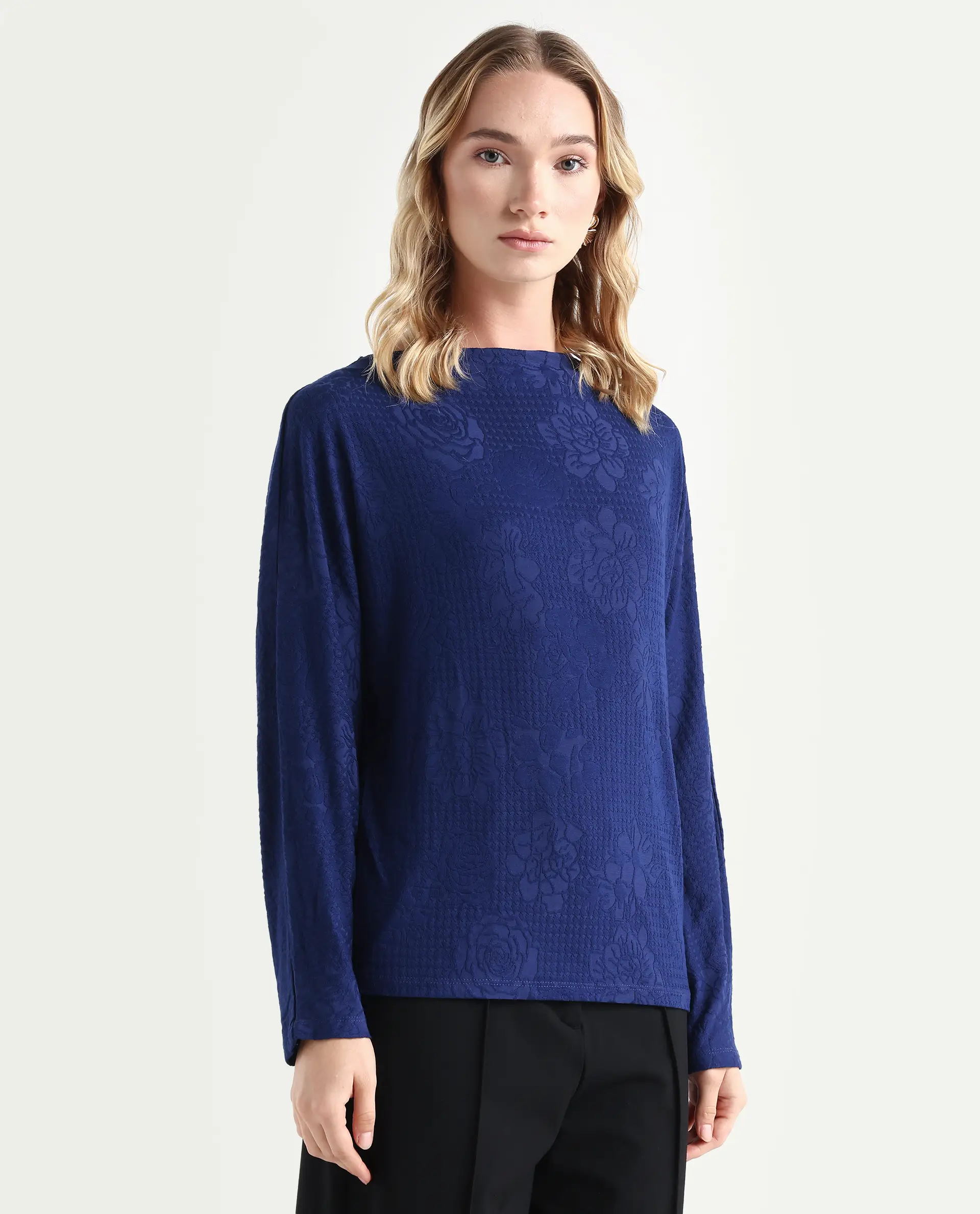 Rareism Women's Ingoz Navy Polyester Boat Neck Plain Relaxed Fit Top - Image 5