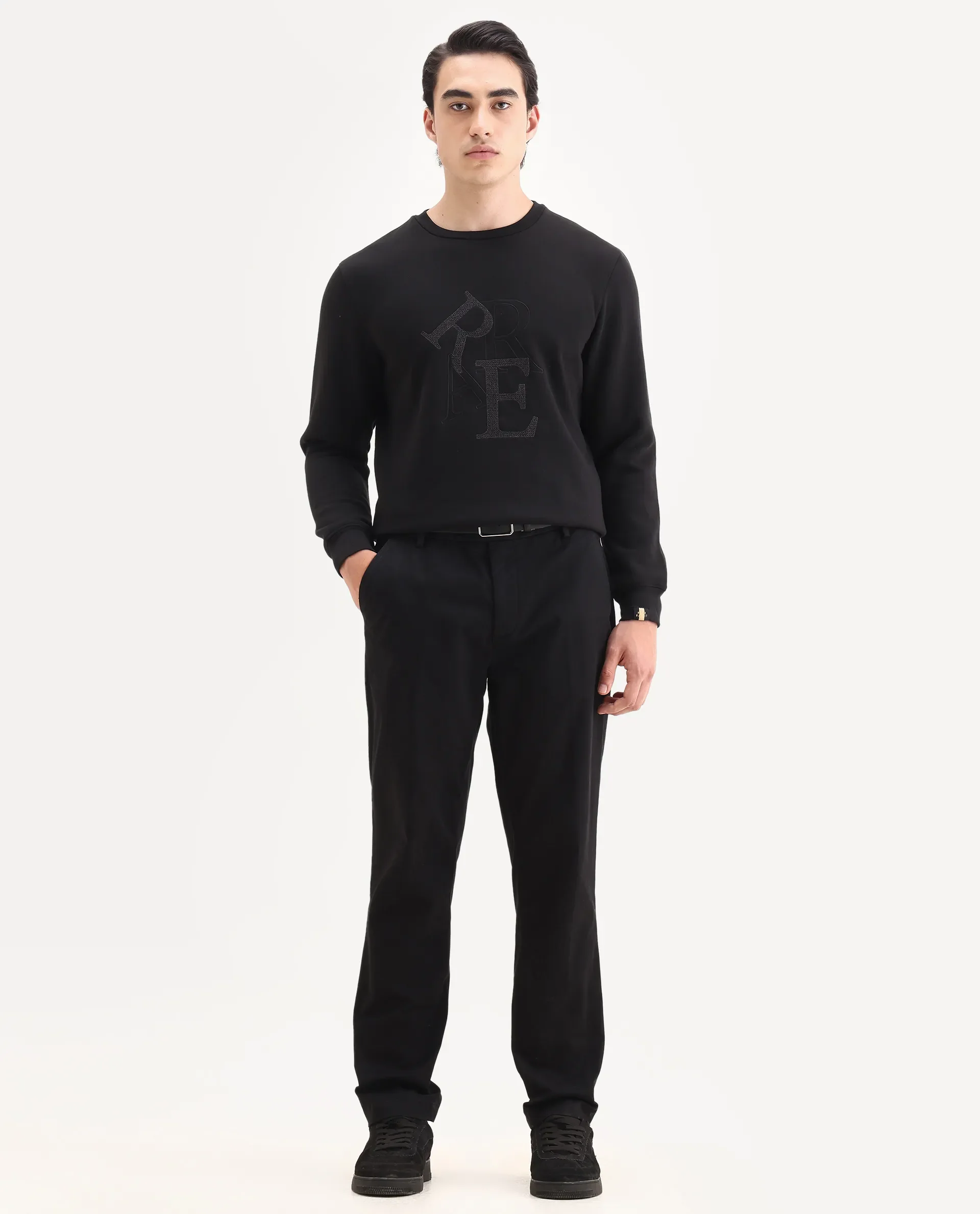 Rare Rabbit Men's Ingrid Black Cotton Embroidered Regular Fit Full Sleeve Crew Neck Sweatshirt - Image 2