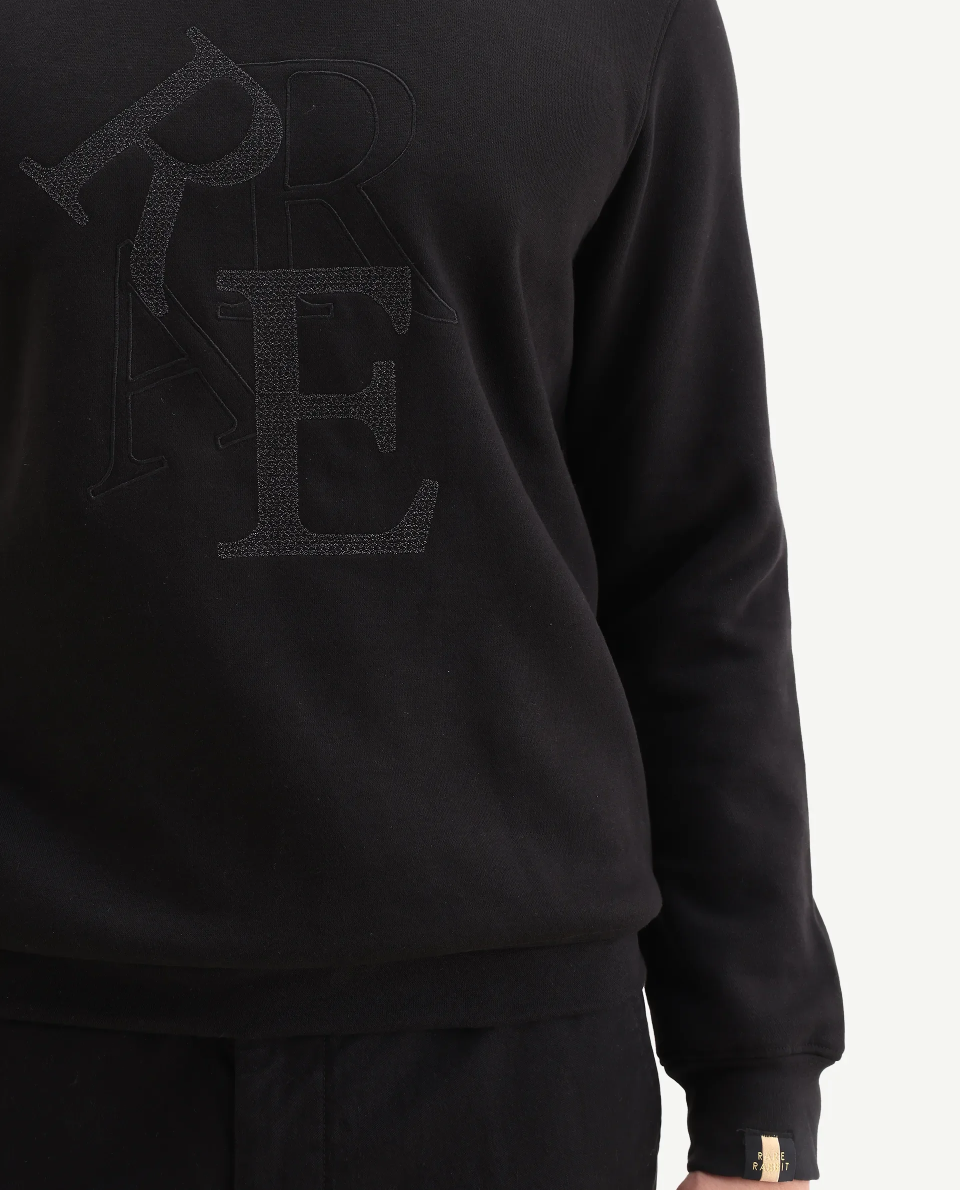 Rare Rabbit Men's Ingrid Black Cotton Embroidered Regular Fit Full Sleeve Crew Neck Sweatshirt - Image 3
