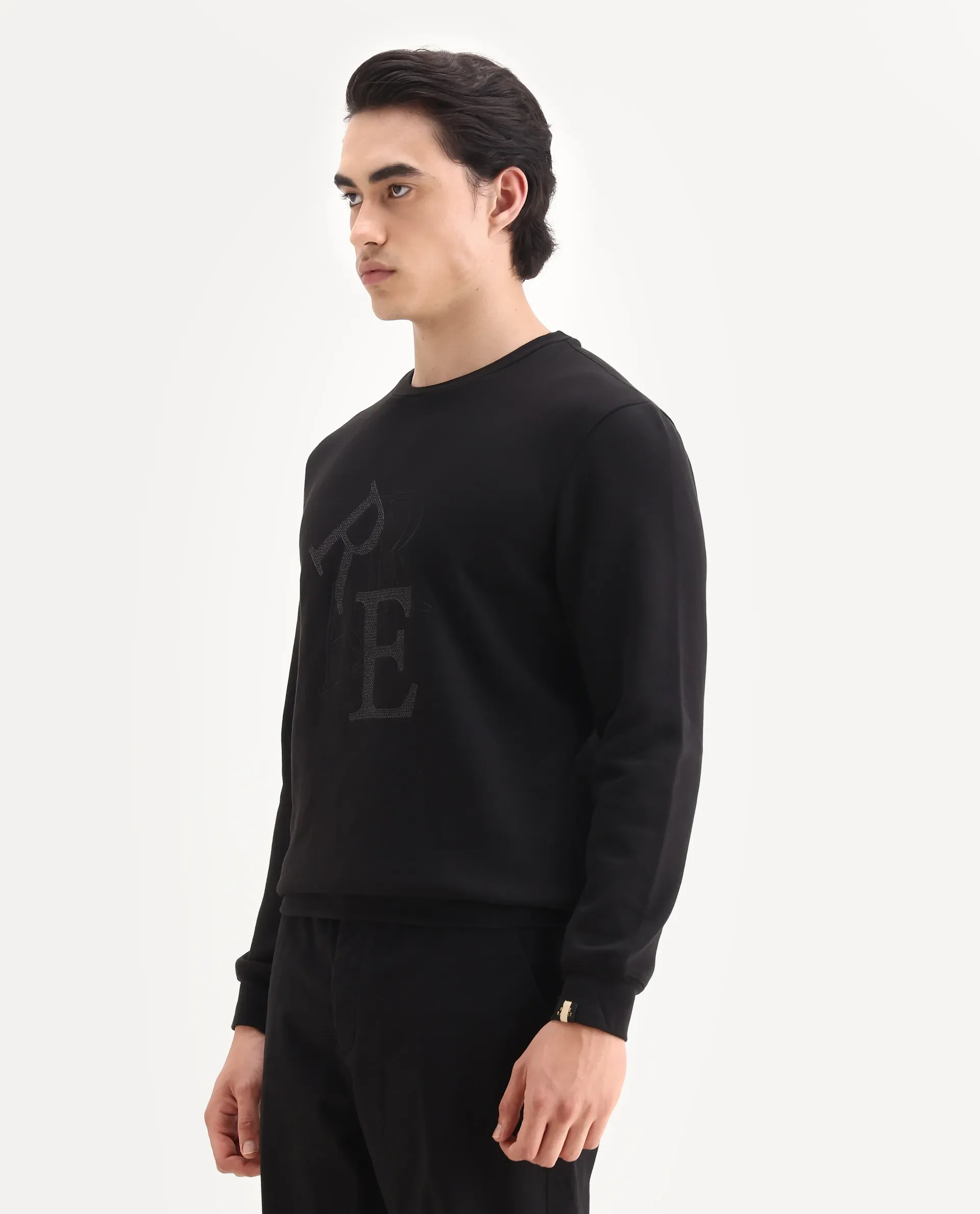 Rare Rabbit Men's Ingrid Black Cotton Embroidered Regular Fit Full Sleeve Crew Neck Sweatshirt - Image 4