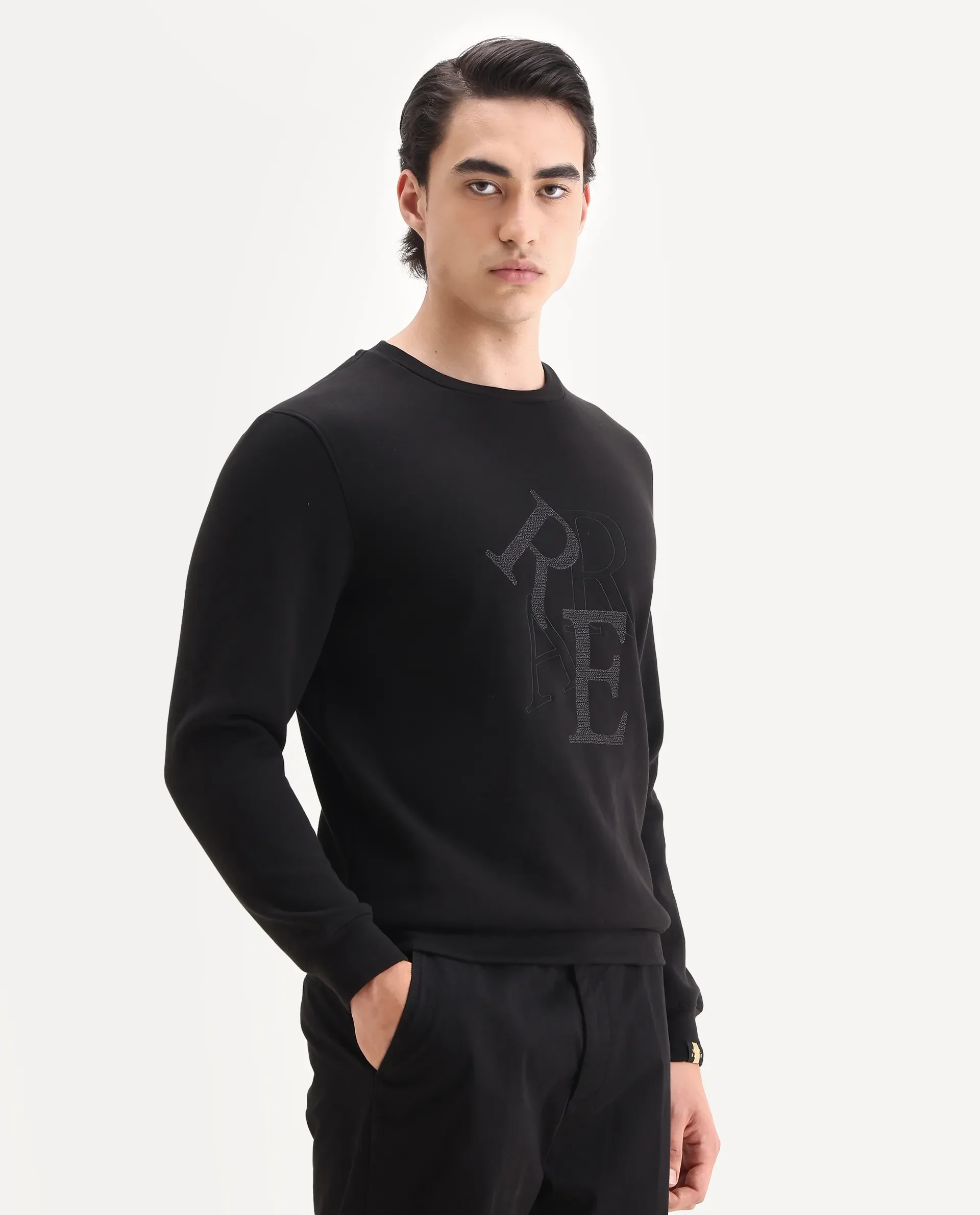Rare Rabbit Men's Ingrid Black Cotton Embroidered Regular Fit Full Sleeve Crew Neck Sweatshirt - Image 5