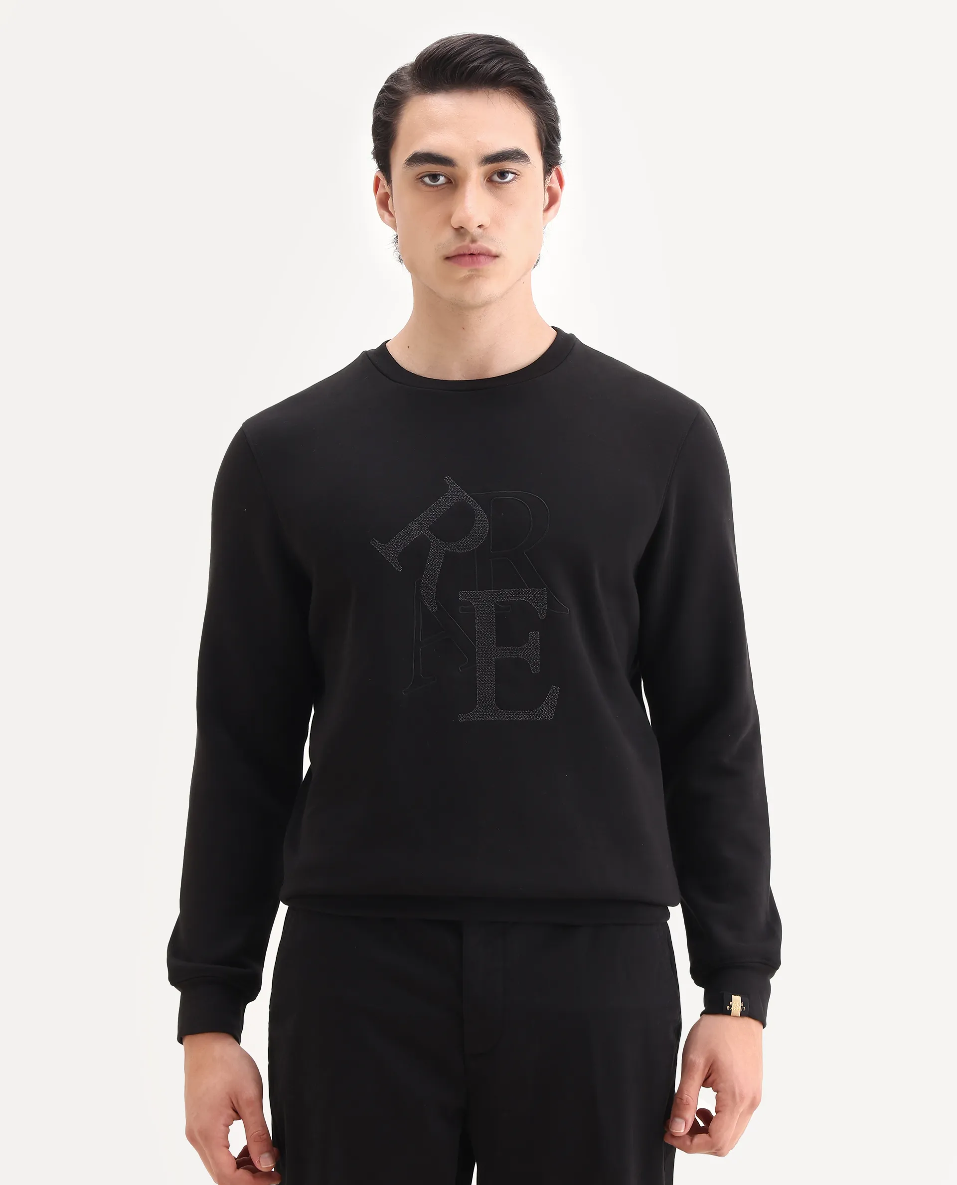 Rare Rabbit Men's Ingrid Black Cotton Embroidered Regular Fit Full Sleeve Crew Neck Sweatshirt - Image 6