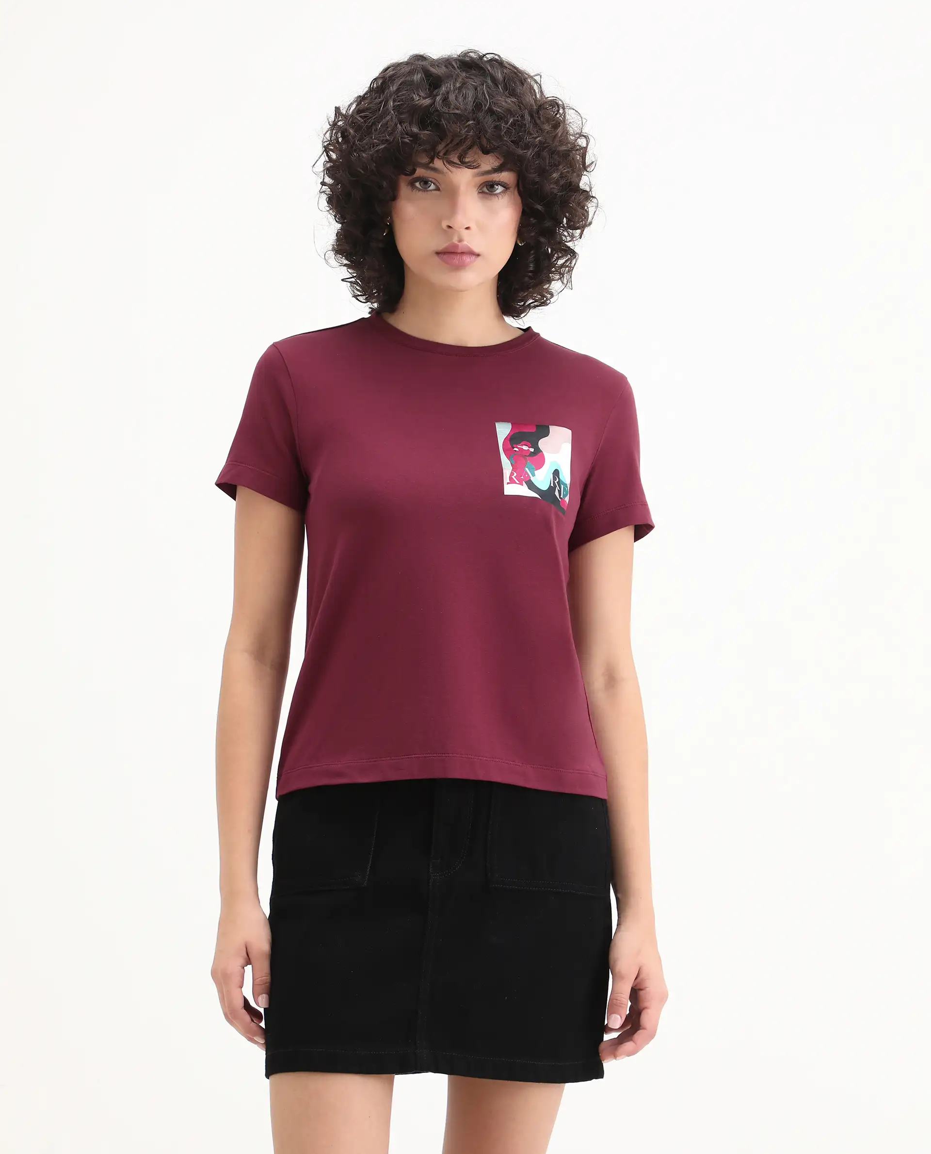 Rareism Women's Inki Maroon Cotton Blend Crew Neck Graphic Print Regular Fit T-Shirt - Image 6