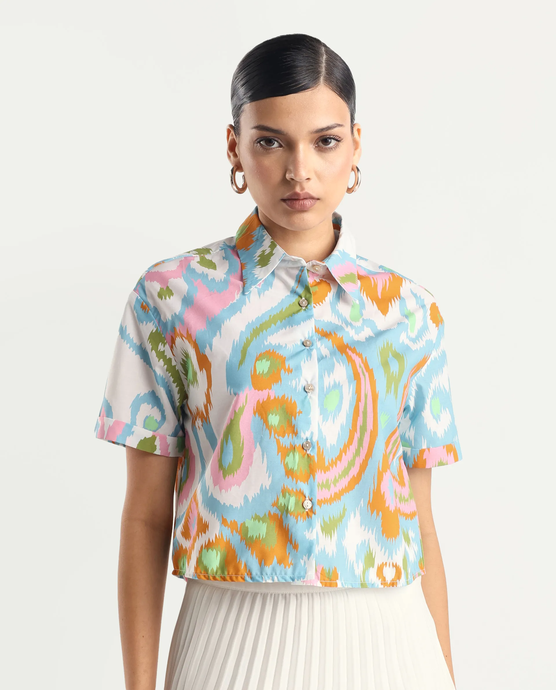 Rareism Women's Inkia Multi Poplin Drop Collar Abstract Print Crop Regular Fit Top - Image 4