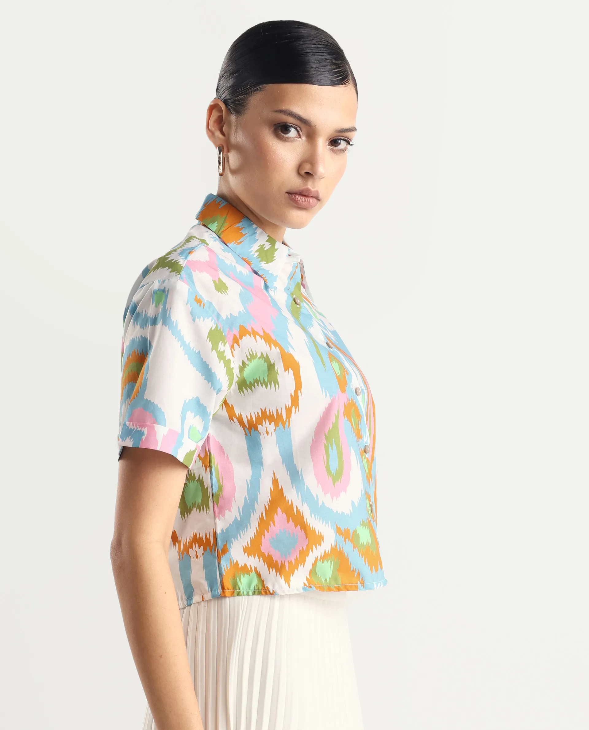 Rareism Women's Inkia Multi Poplin Drop Collar Abstract Print Crop Regular Fit Top - Image 5