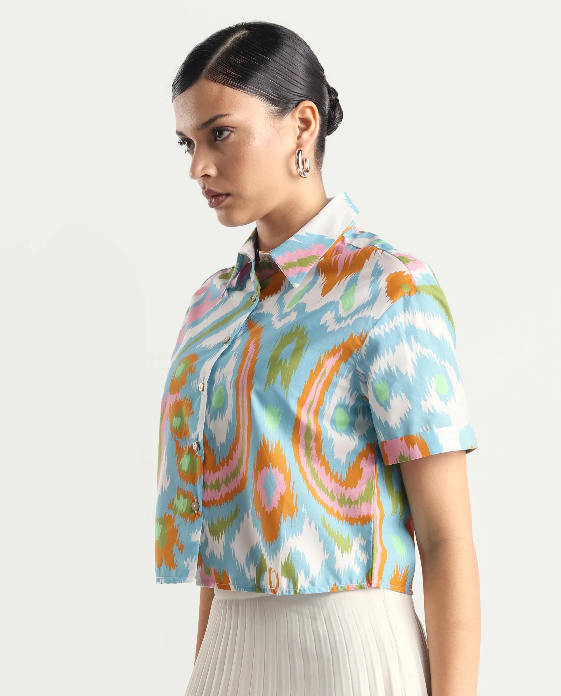 Rareism Women's Inkia Multi Poplin Drop Collar Abstract Print Crop Regular Fit Top - Image 6