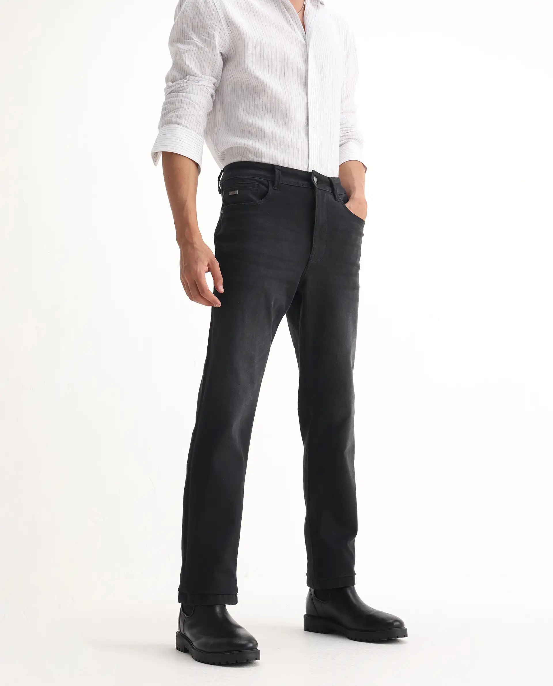Rare Rabbit Men's Inky Black Cotton Blend Plain Morris Regular Fit Jeans - Image 2