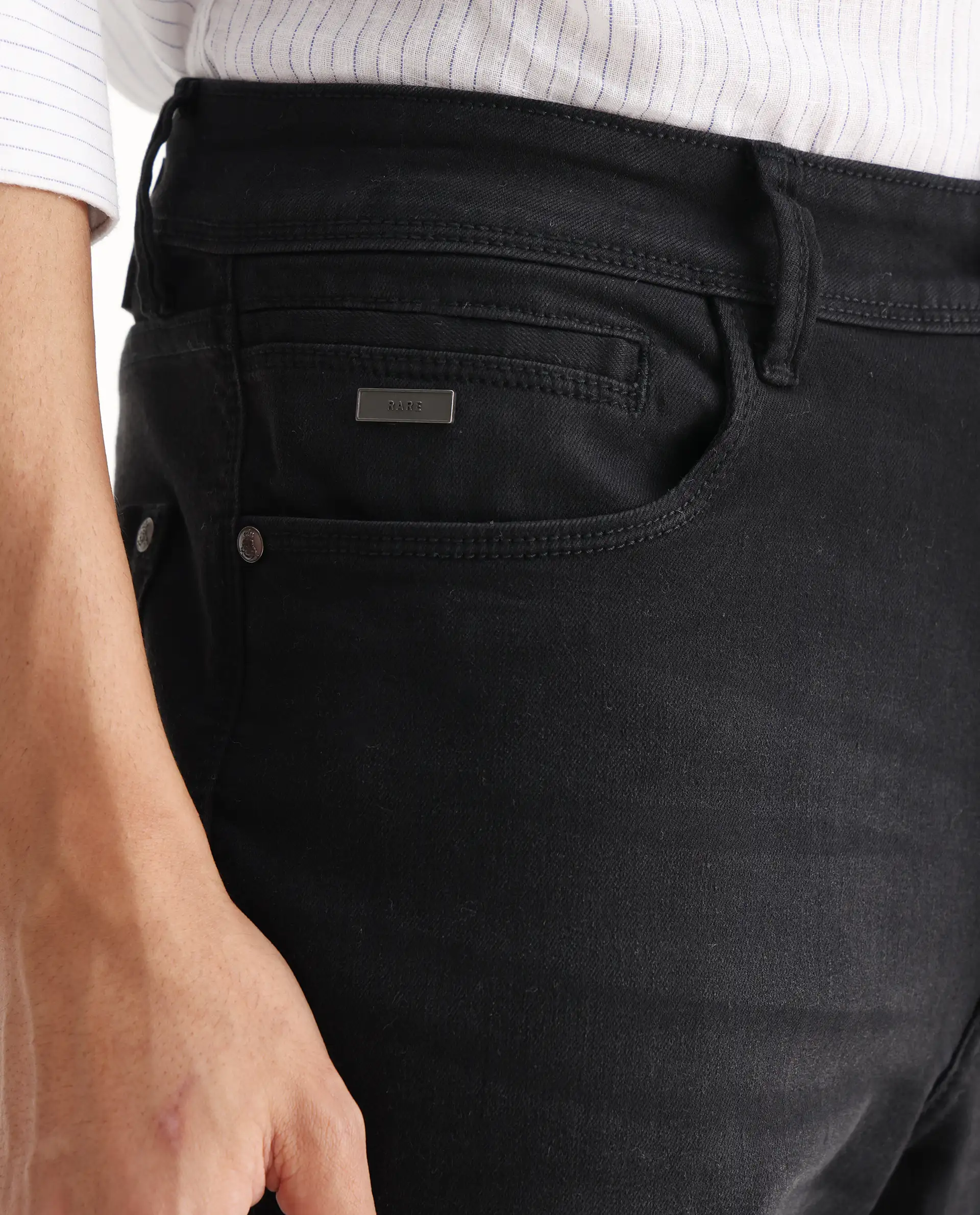 Rare Rabbit Men's Inky Black Cotton Blend Plain Morris Regular Fit Jeans - Image 6