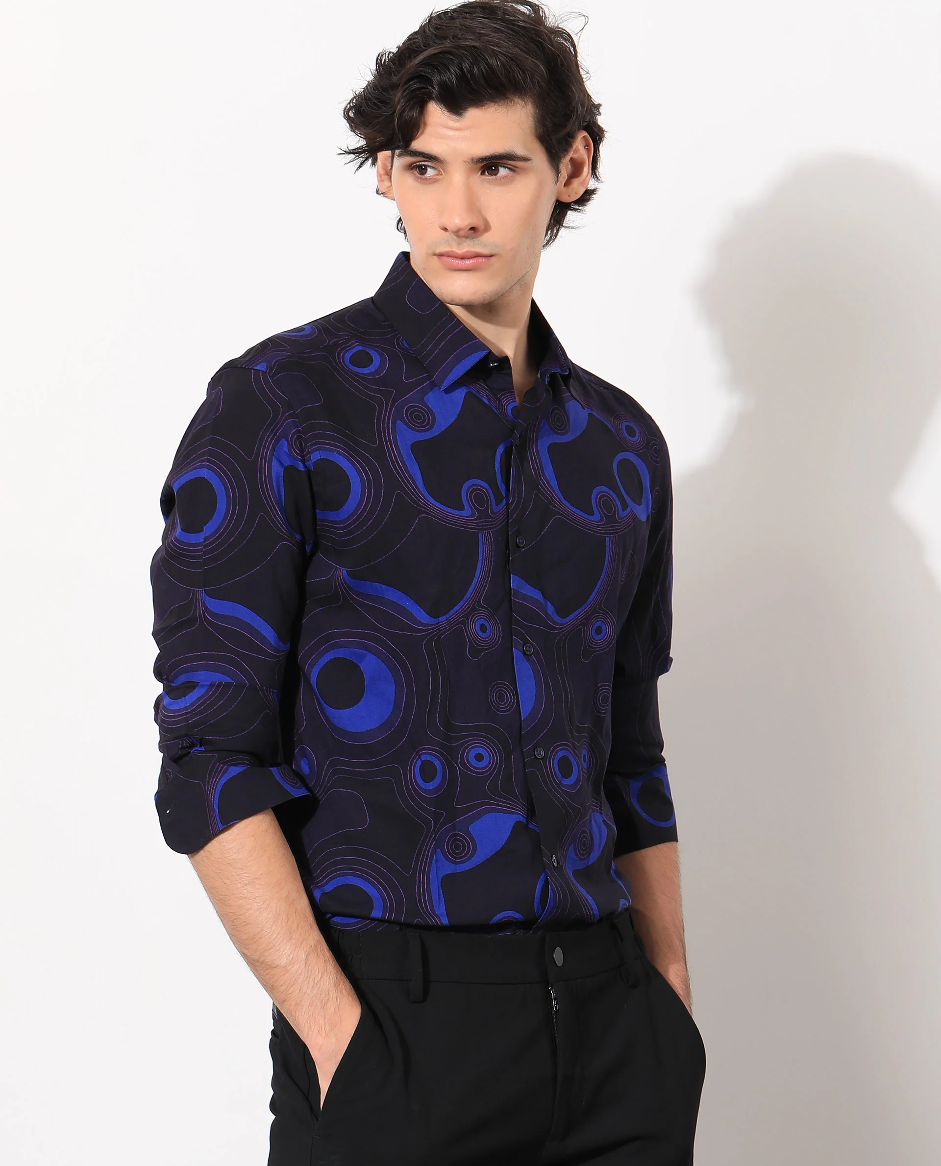 Rare Rabbit Men's Inlet Navy Cotton Abstract Print Regular Fit Full Sleeve Collared Shirt - Image 3