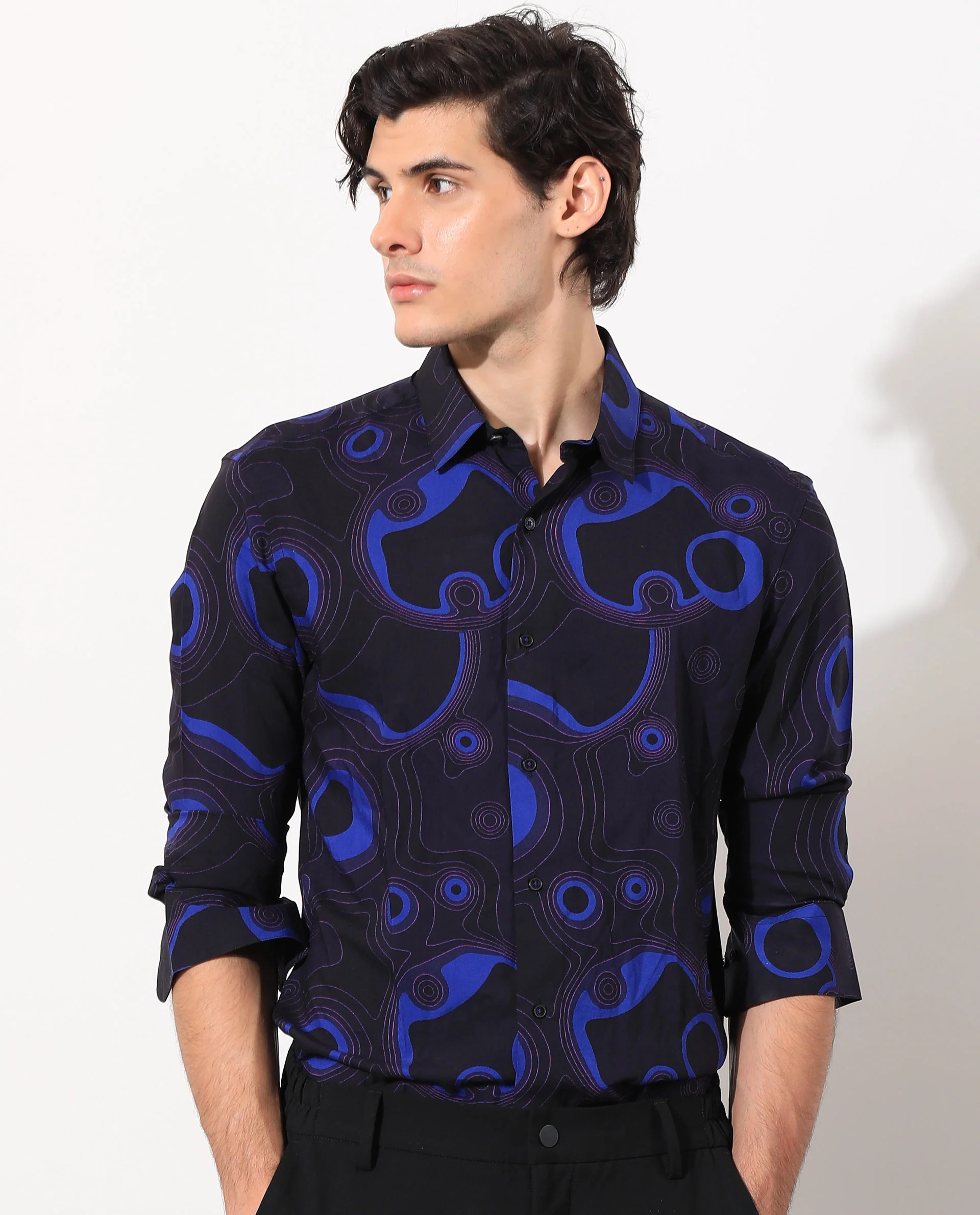 Rare Rabbit Men's Inlet Navy Cotton Abstract Print Regular Fit Full Sleeve Collared Shirt - Image 7