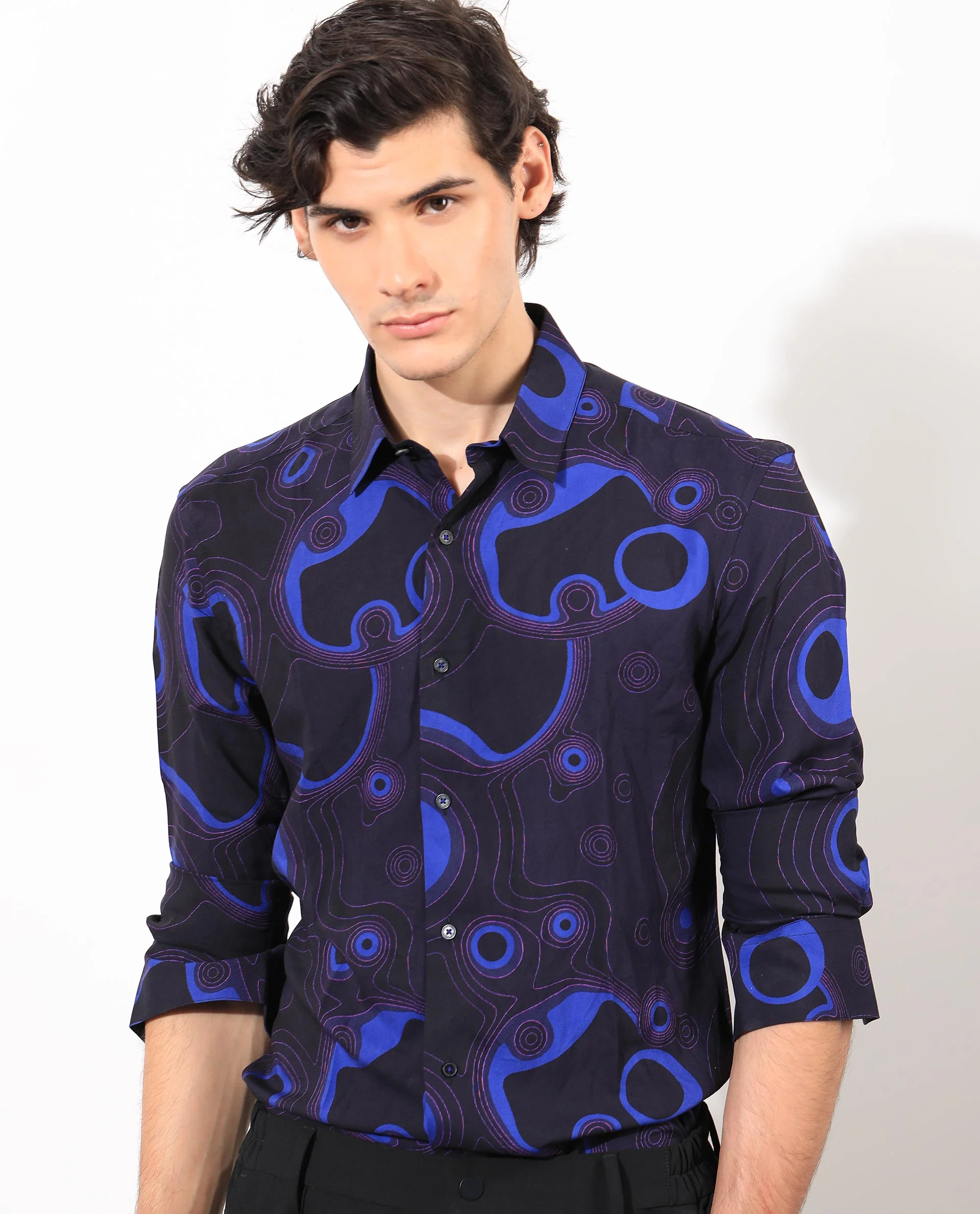 Rare Rabbit Men's Inlet Navy Cotton Abstract Print Regular Fit Full Sleeve Collared Shirt - Image 8
