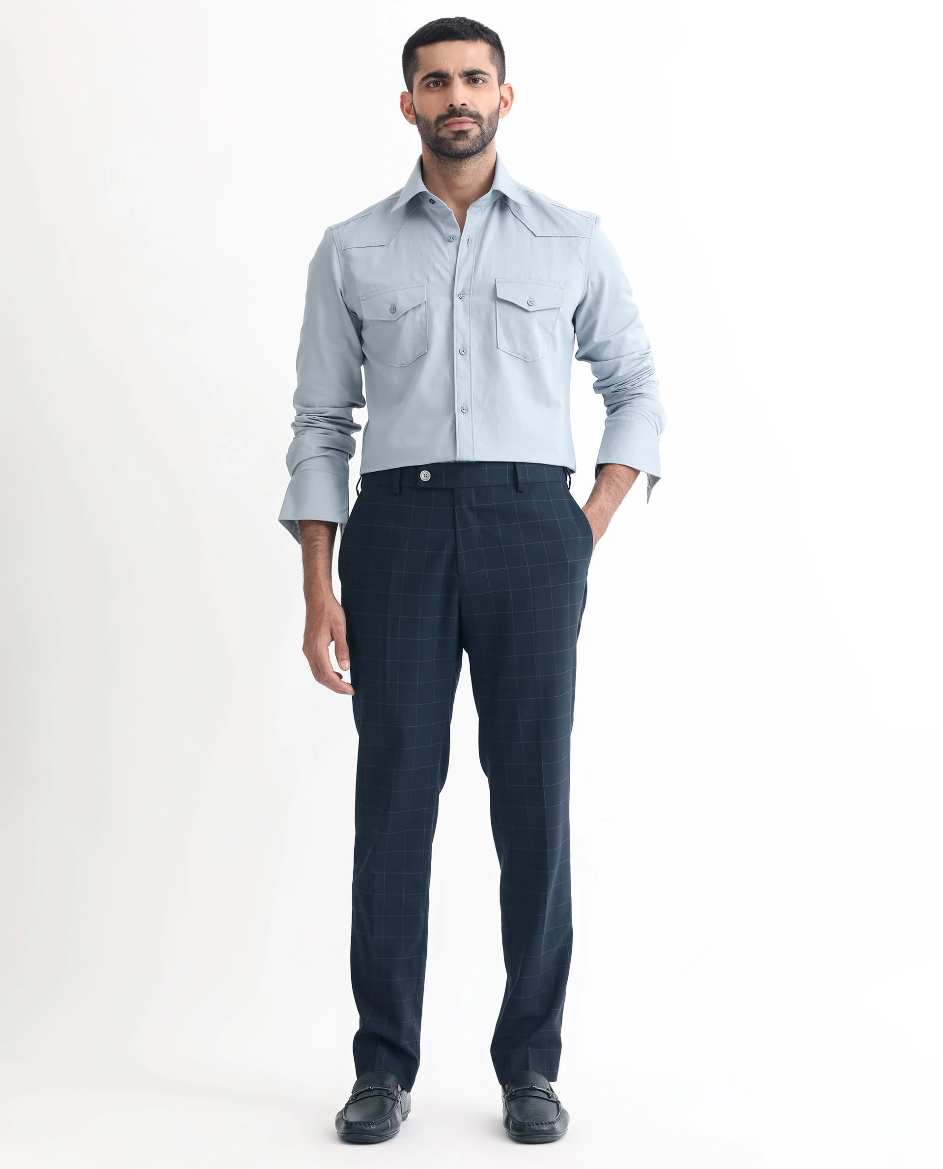 Rare Rabbit Men's Inlet Dark Navy Polyester Checked Print Tailored Fit Full Sleeve Lapel Neck Suits - Image 11