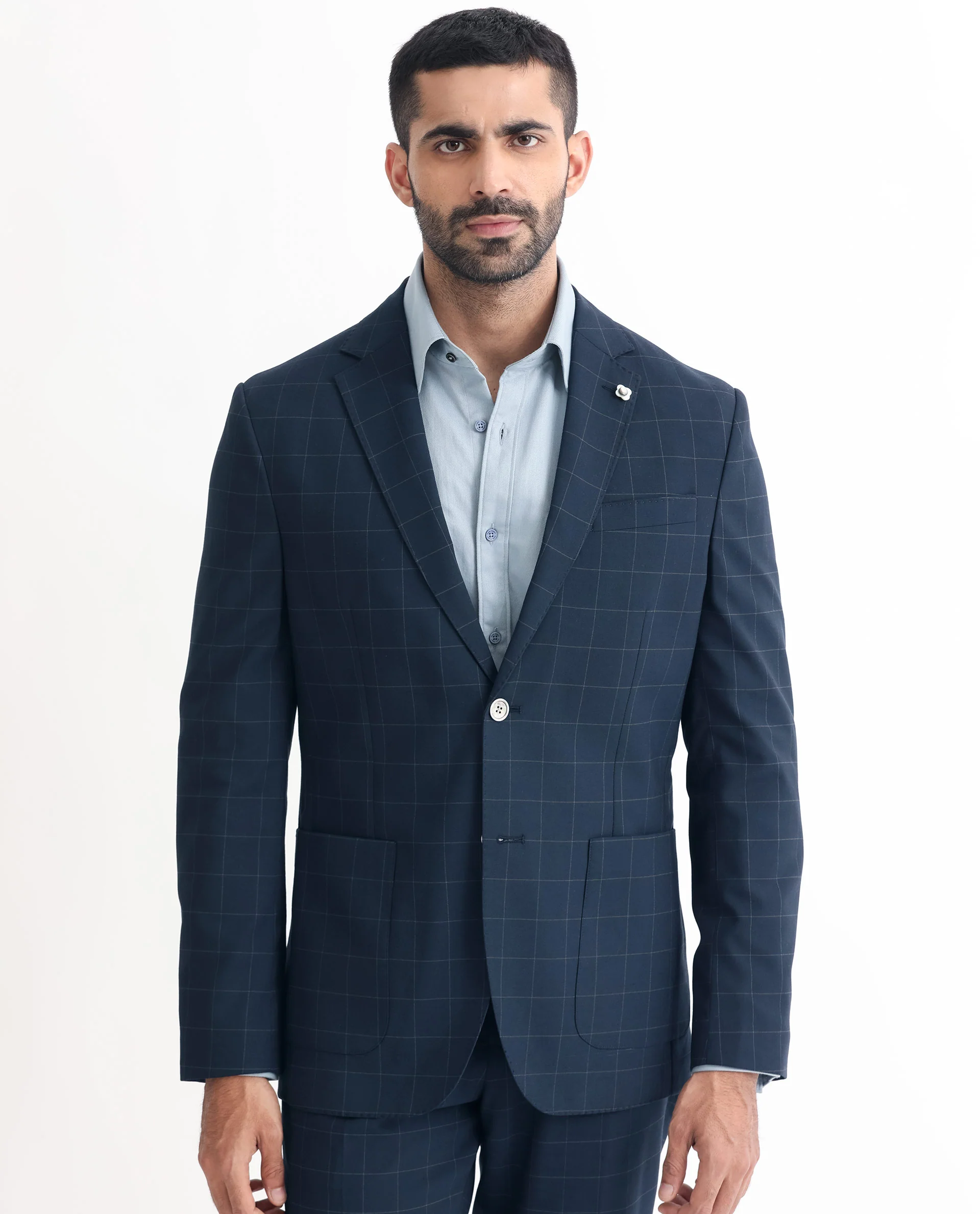 Rare Rabbit Men's Inlet Dark Navy Polyester Checked Print Tailored Fit Full Sleeve Lapel Neck Suits - Image 2