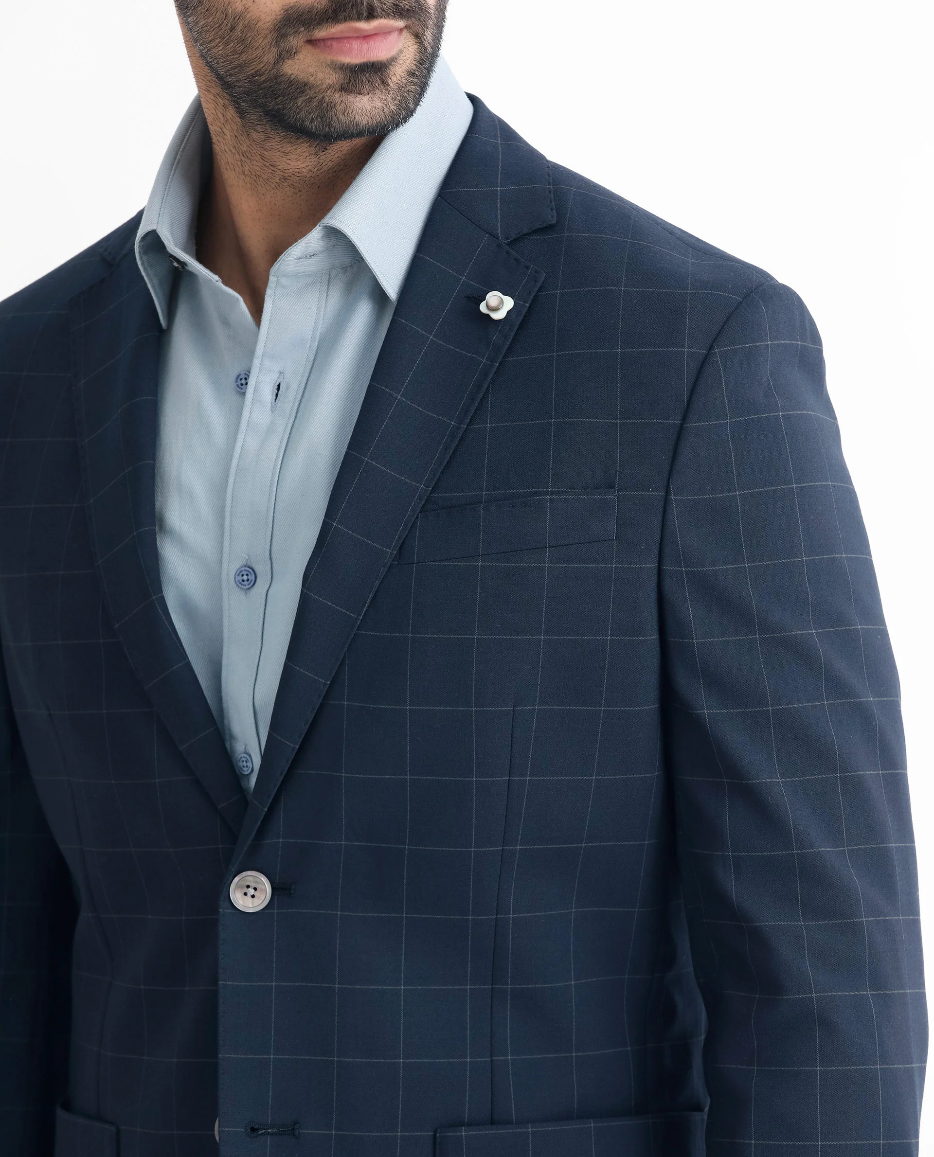 Rare Rabbit Men's Inlet Dark Navy Polyester Checked Print Tailored Fit Full Sleeve Lapel Neck Suits - Image 3