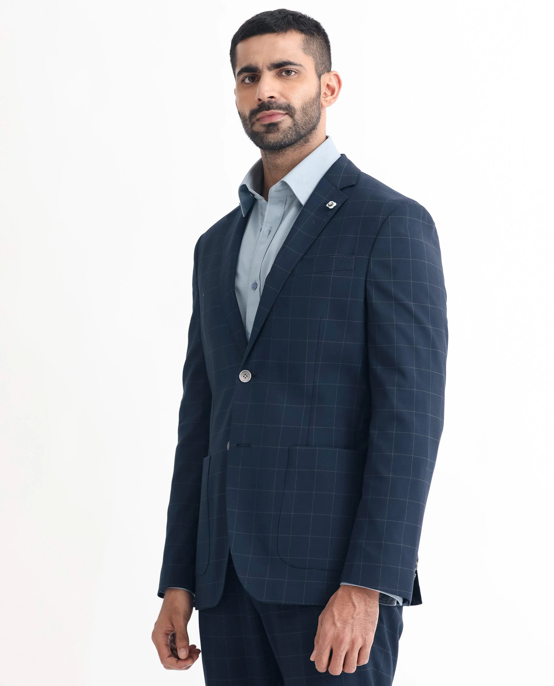 Rare Rabbit Men's Inlet Dark Navy Polyester Checked Print Tailored Fit Full Sleeve Lapel Neck Suits - Image 5