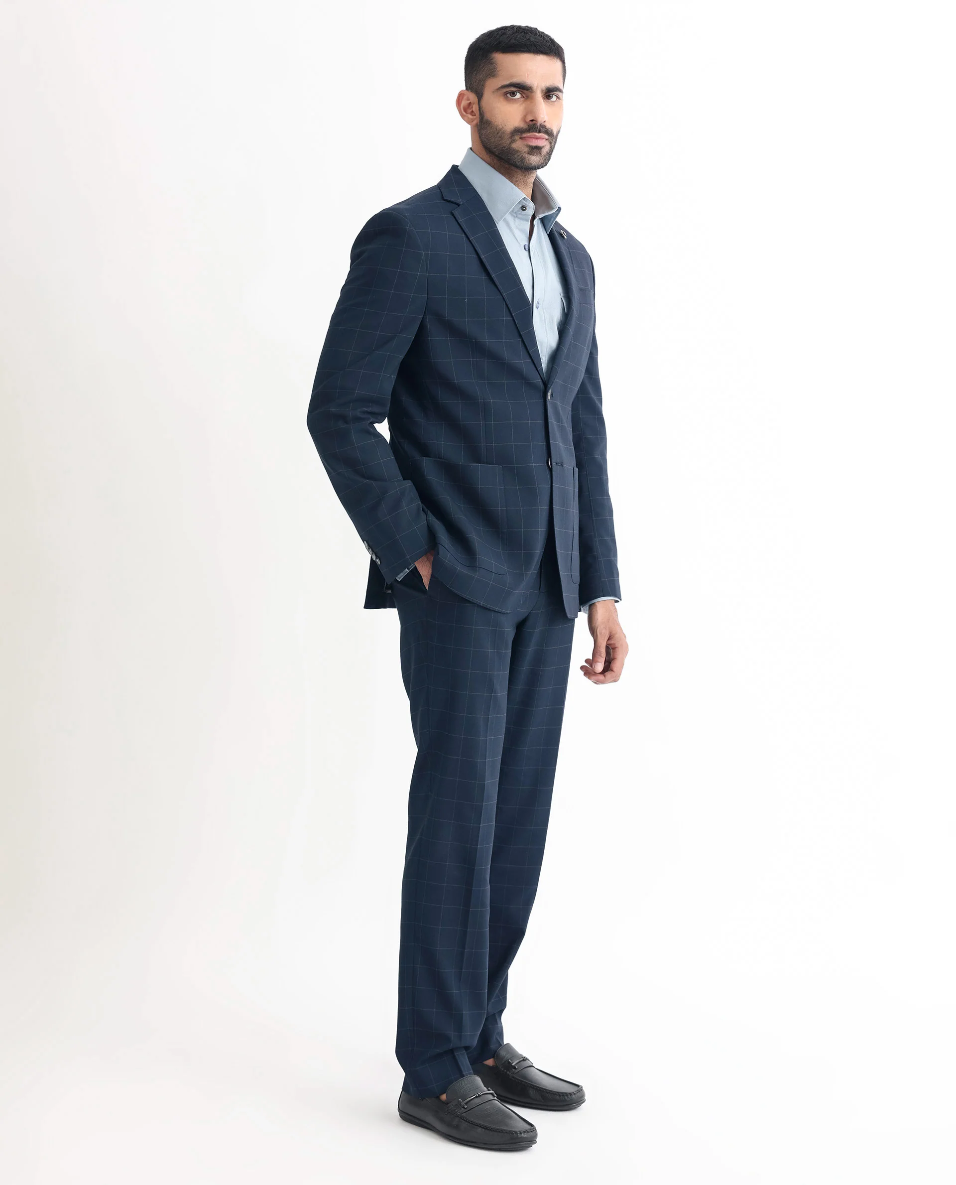 Rare Rabbit Men's Inlet Dark Navy Polyester Checked Print Tailored Fit Full Sleeve Lapel Neck Suits - Image 6