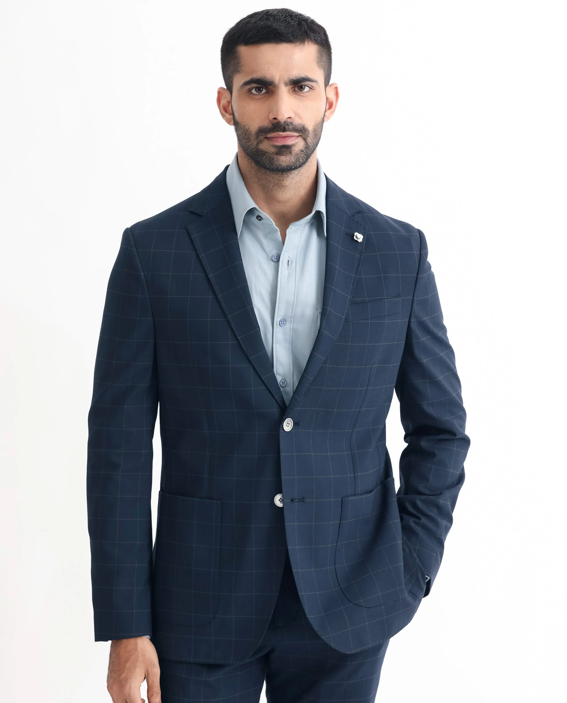 Rare Rabbit Men's Inlet Dark Navy Polyester Checked Print Tailored Fit Full Sleeve Lapel Neck Suits - Image 7