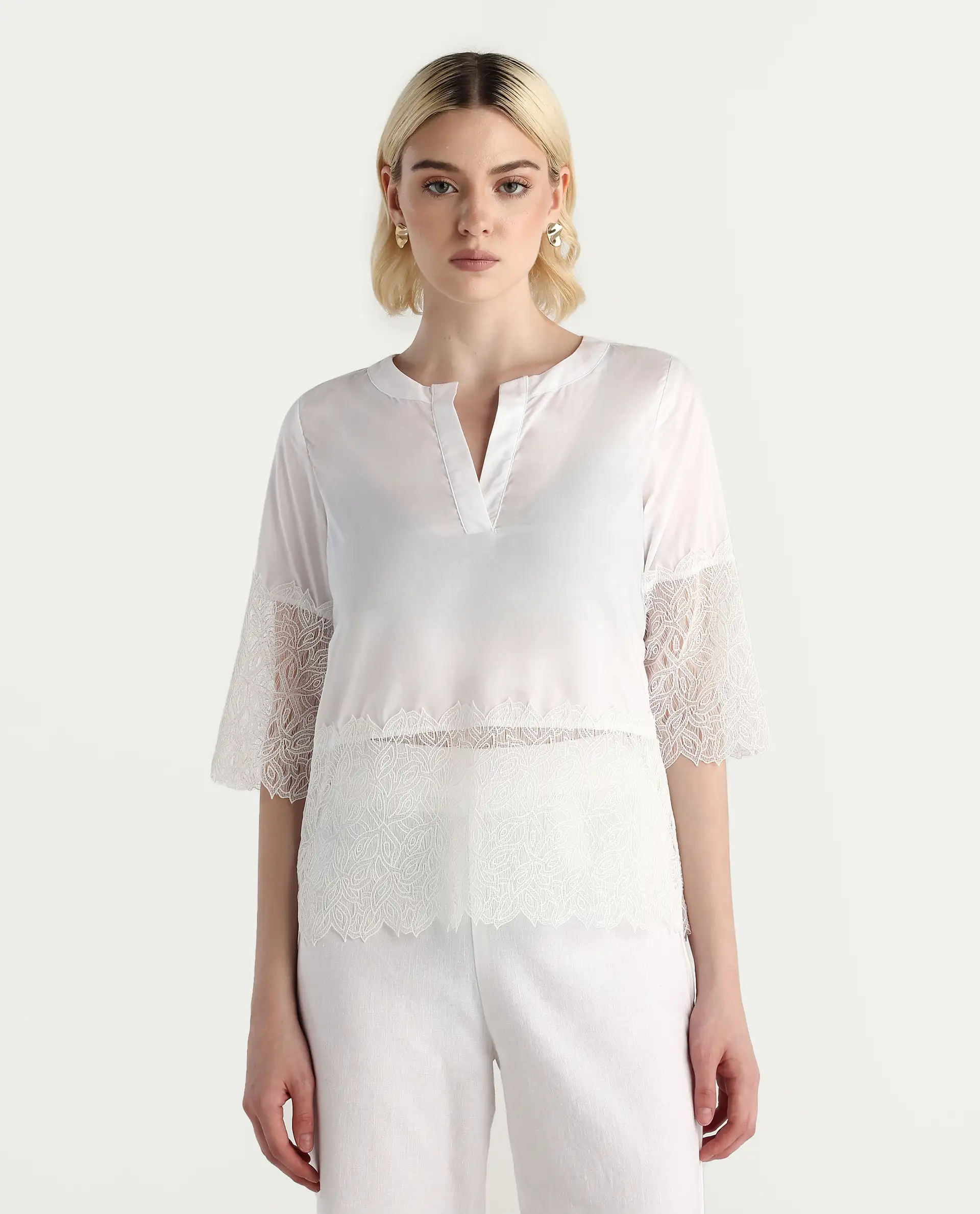 Rareism Women's Inna White Cotton Crew Neck Plain Regular Fit Top - Image 3