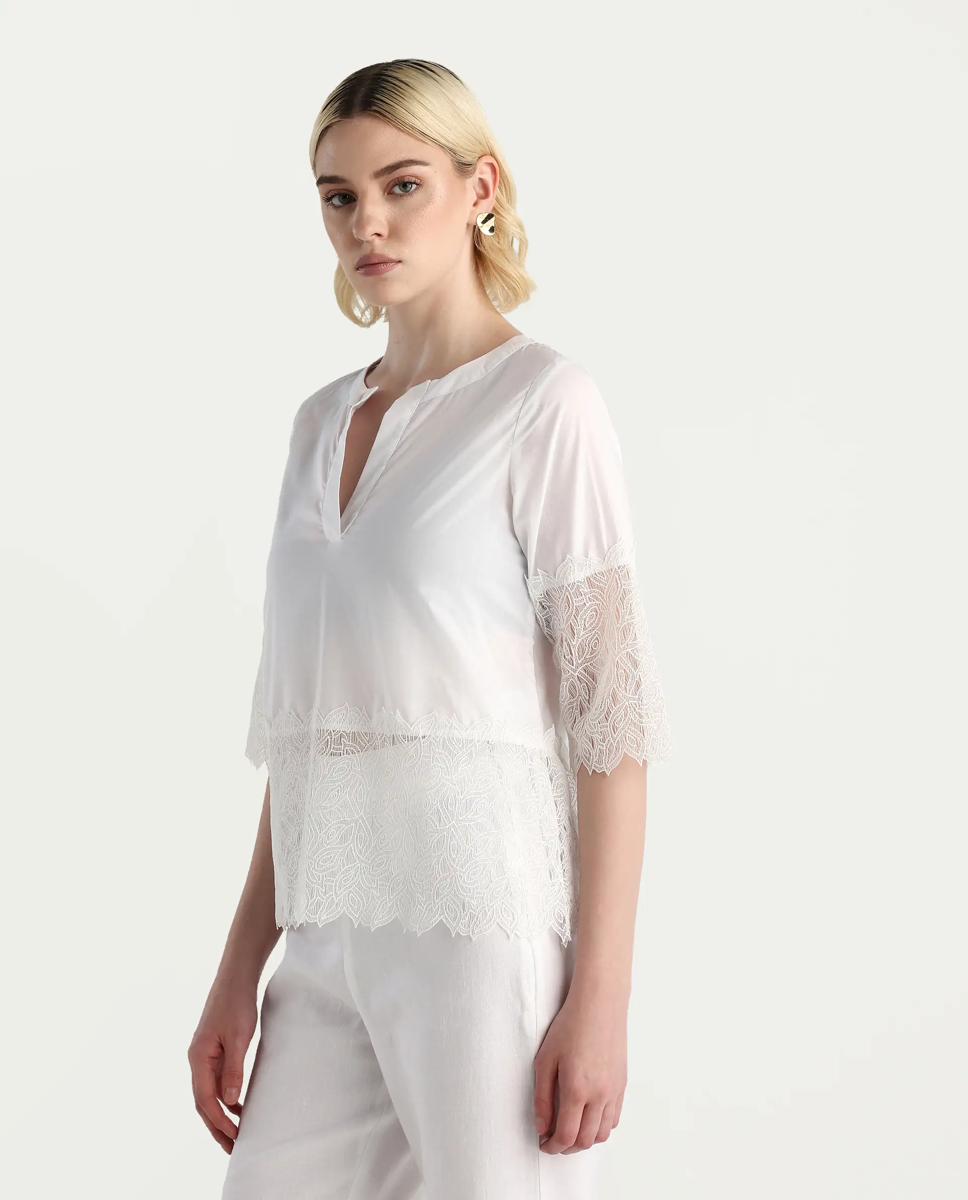 Rareism Women's Inna White Cotton Crew Neck Plain Regular Fit Top - Image 6