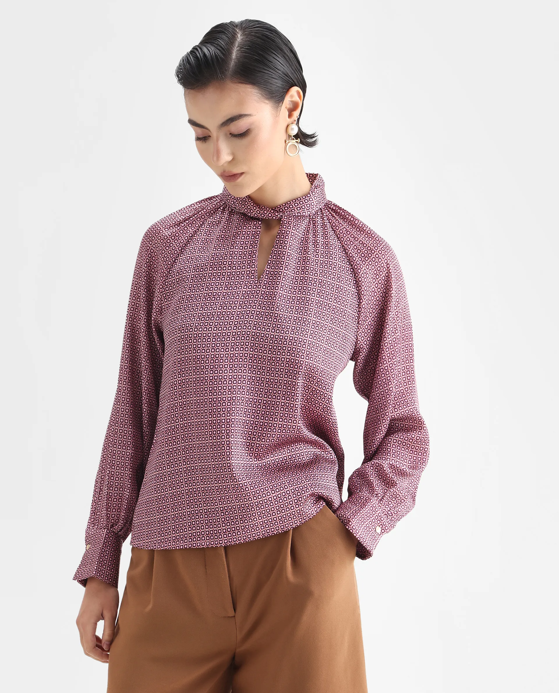 Rareism Women's Inno Multi Satin High Neck Geometric Print Cuffed Sleeve Regular Fit Top - Image 3