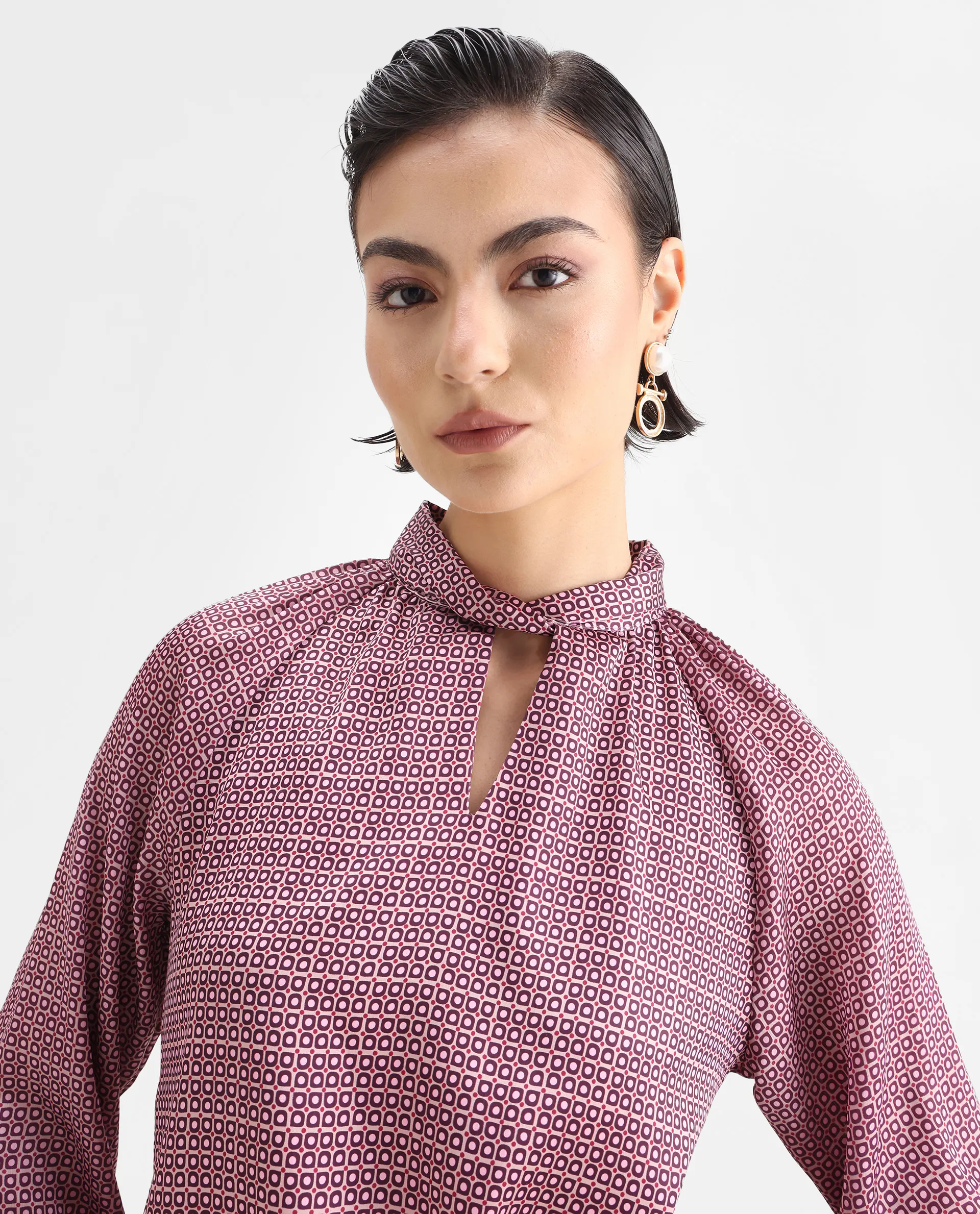 Rareism Women's Inno Multi Satin High Neck Geometric Print Cuffed Sleeve Regular Fit Top - Image 4