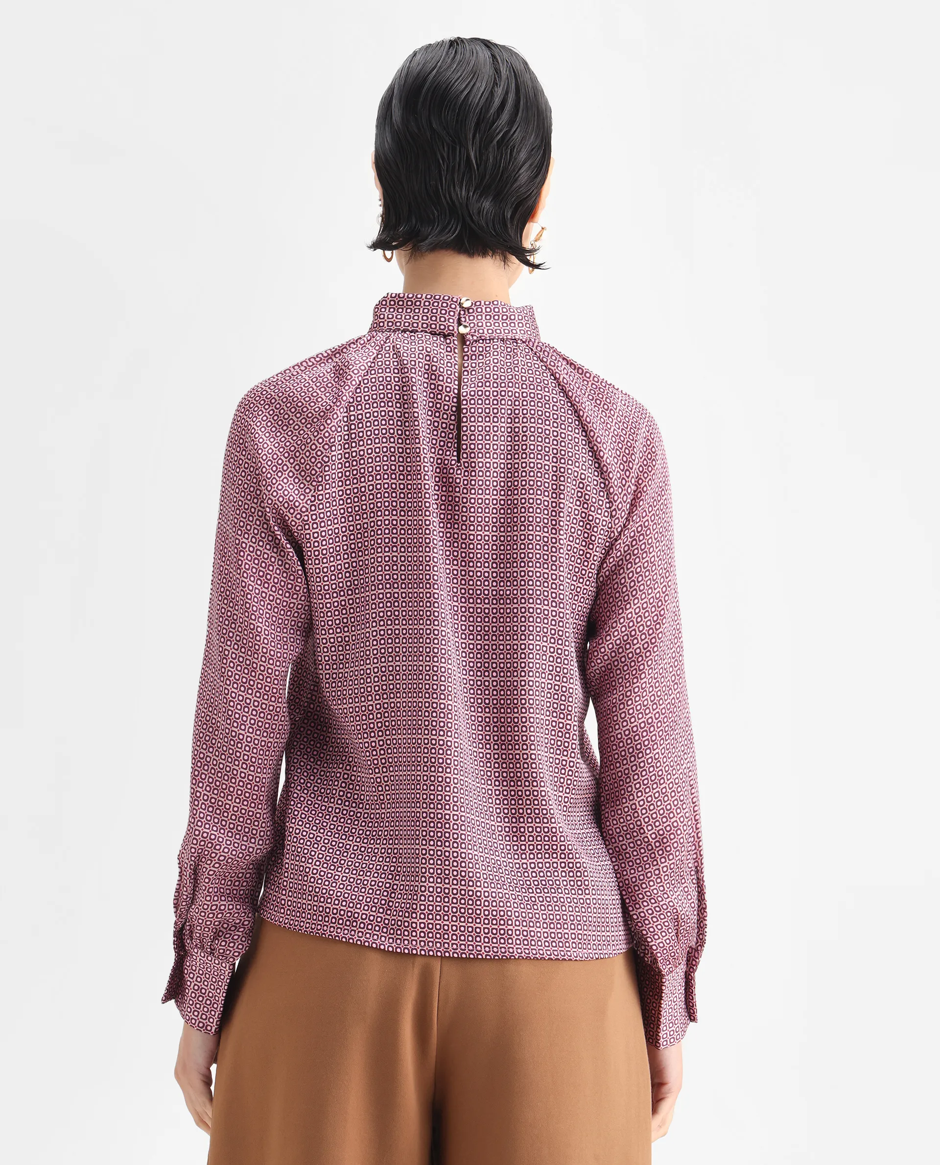 Rareism Women's Inno Multi Satin High Neck Geometric Print Cuffed Sleeve Regular Fit Top - Image 7