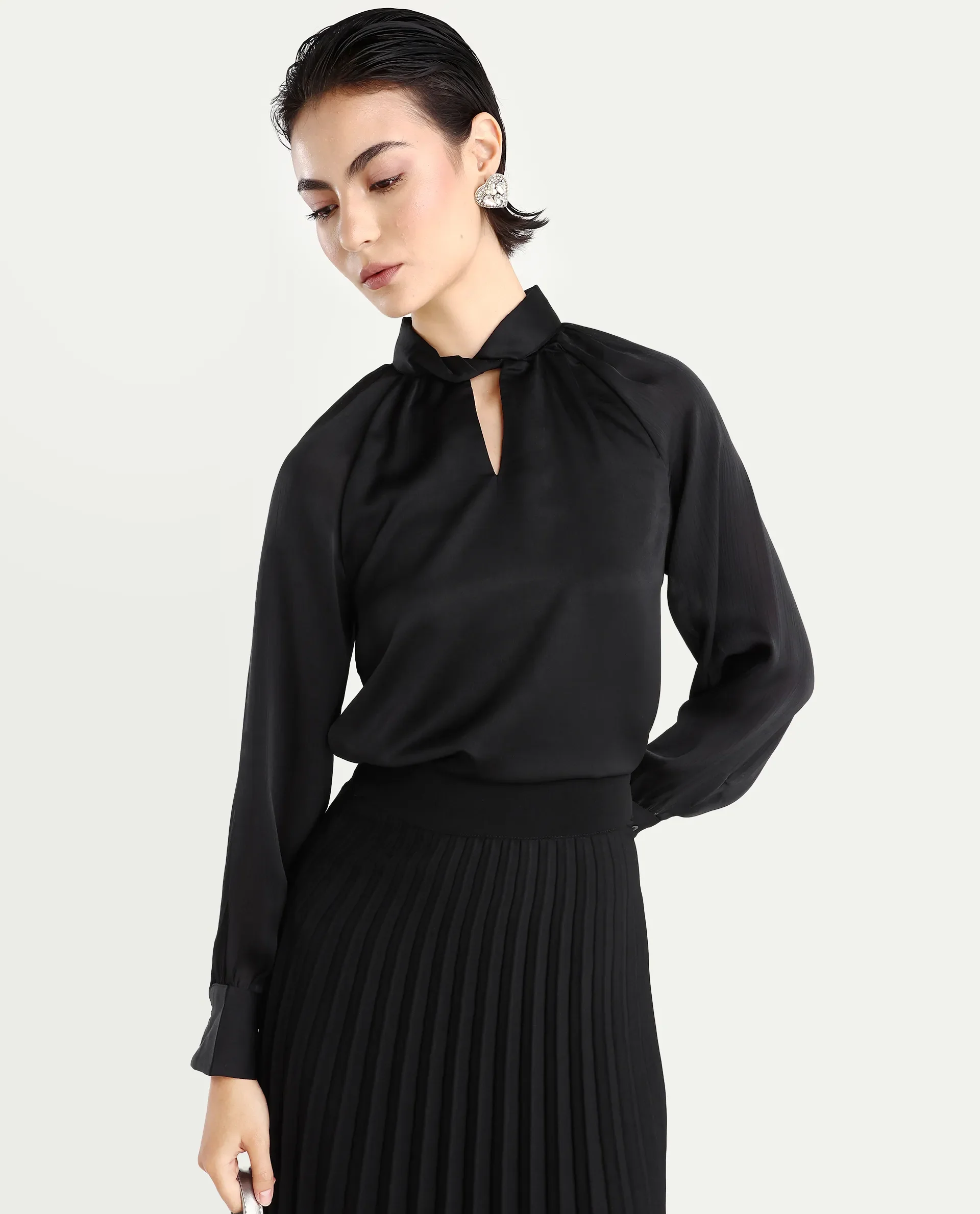 Rareism Women's Innoga Black Satin High Neck Plain Cuffed Sleeve Regular Fit Top - Image 2