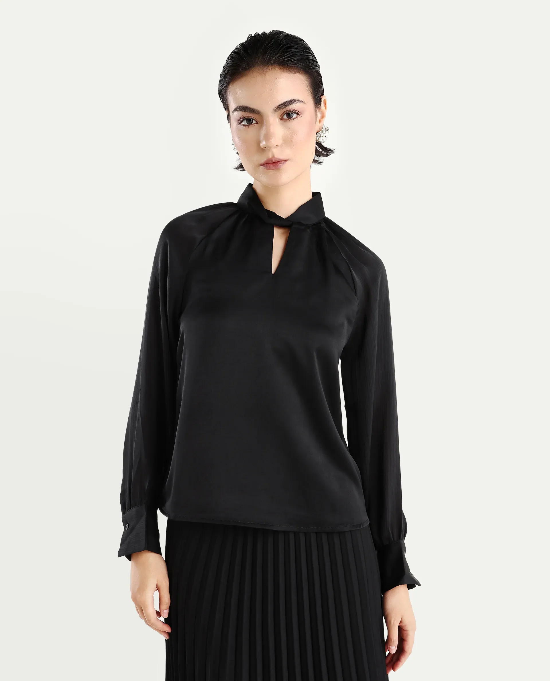 Rareism Women's Innoga Black Satin High Neck Plain Cuffed Sleeve Regular Fit Top - Image 3